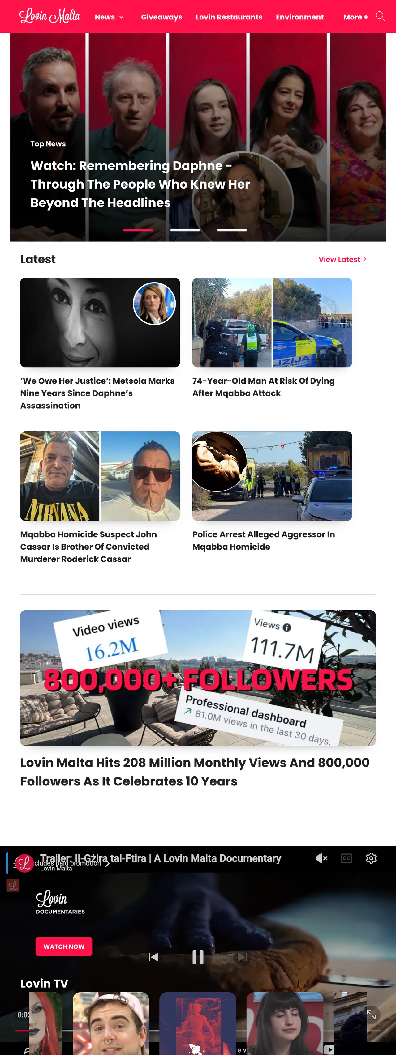 Screenshot of the Lovin Malta front page