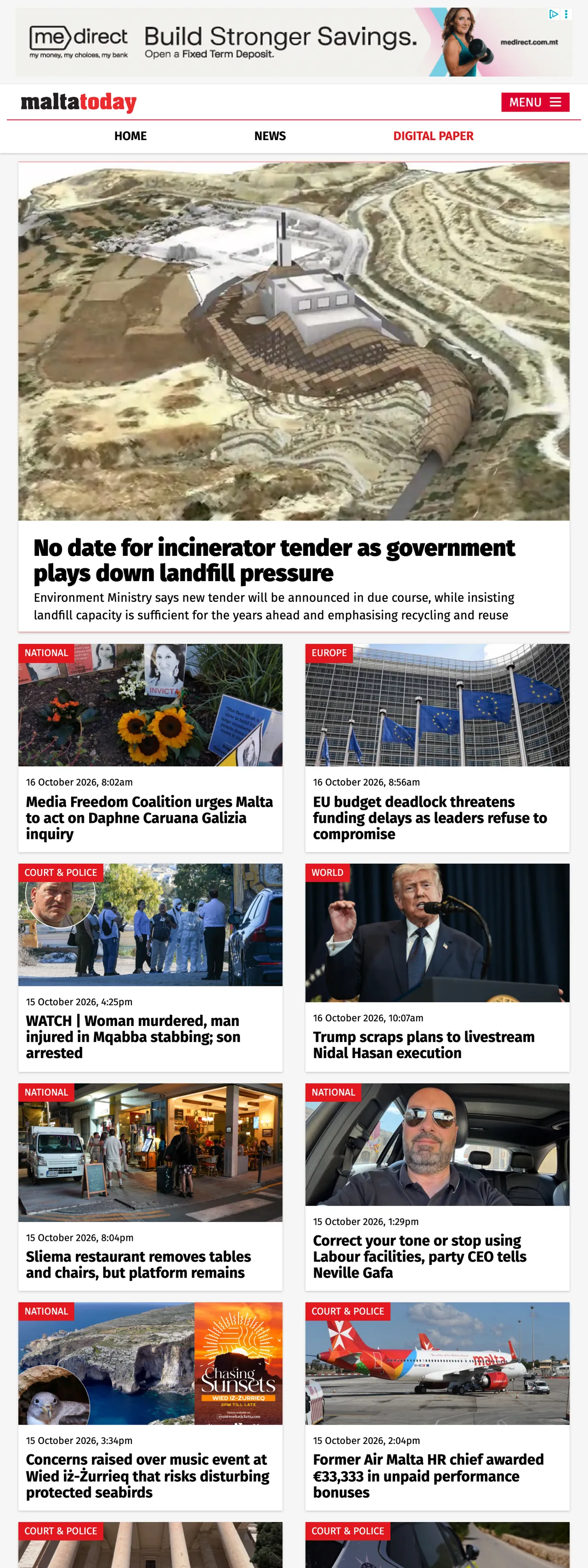 Screenshot of the Malta Today front page