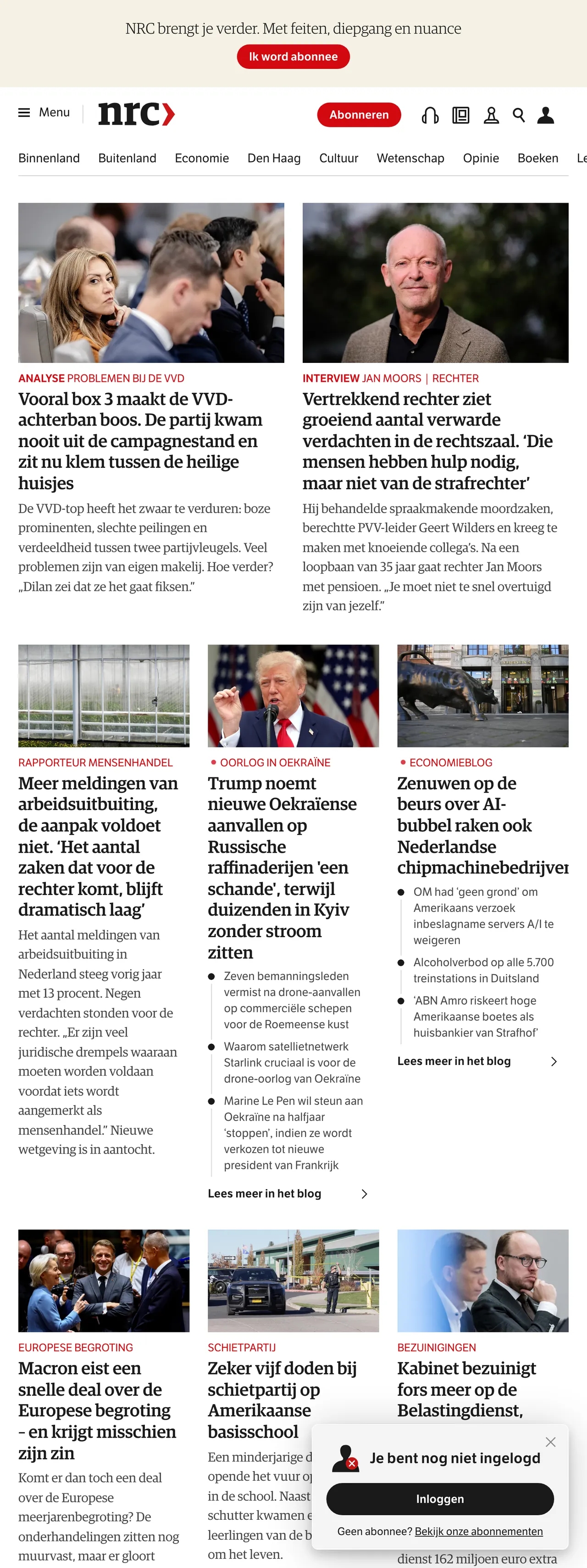Screenshot of the NRC front page