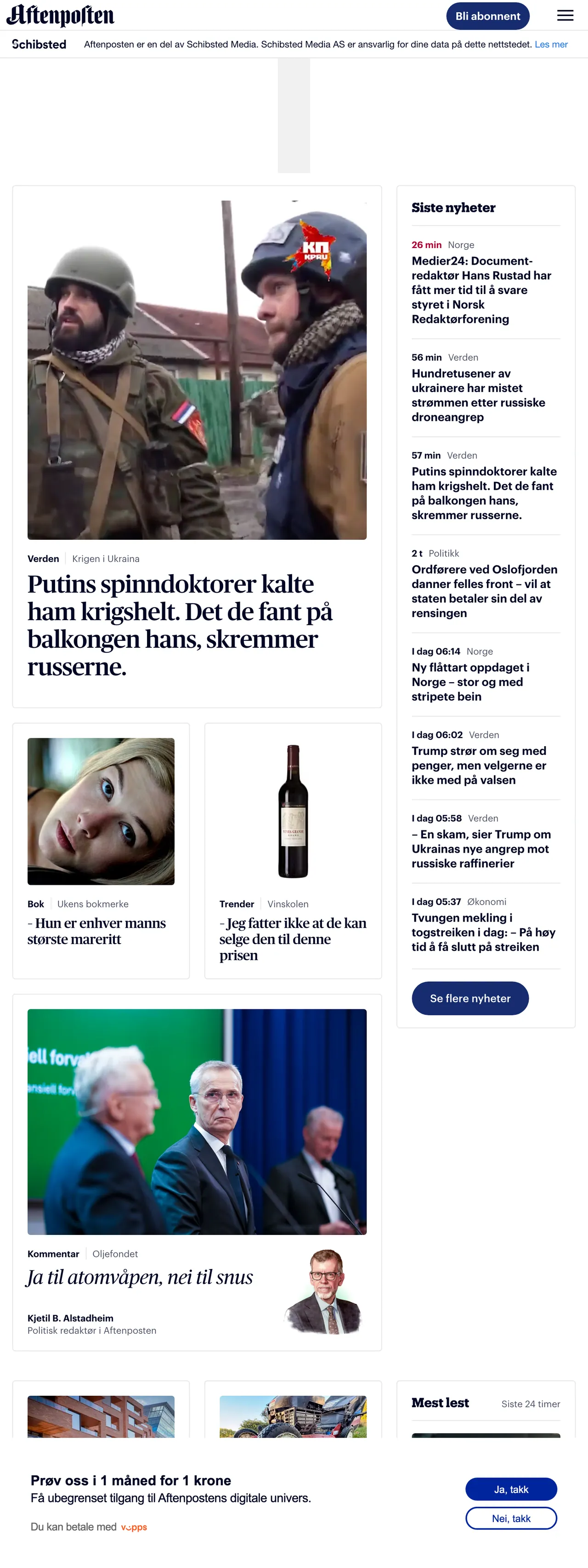 Screenshot of the Aftenposten front page