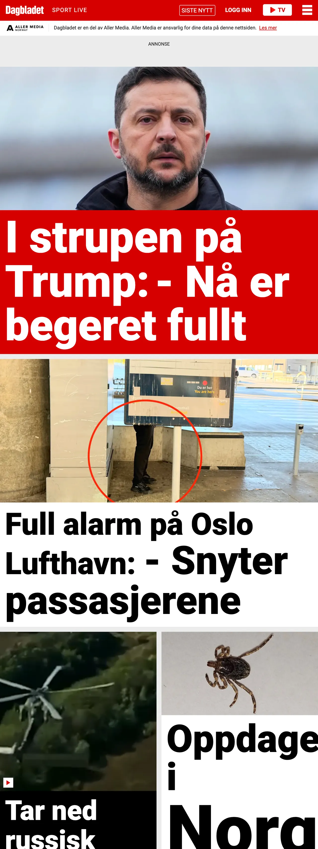 Screenshot of the Dagbladet front page