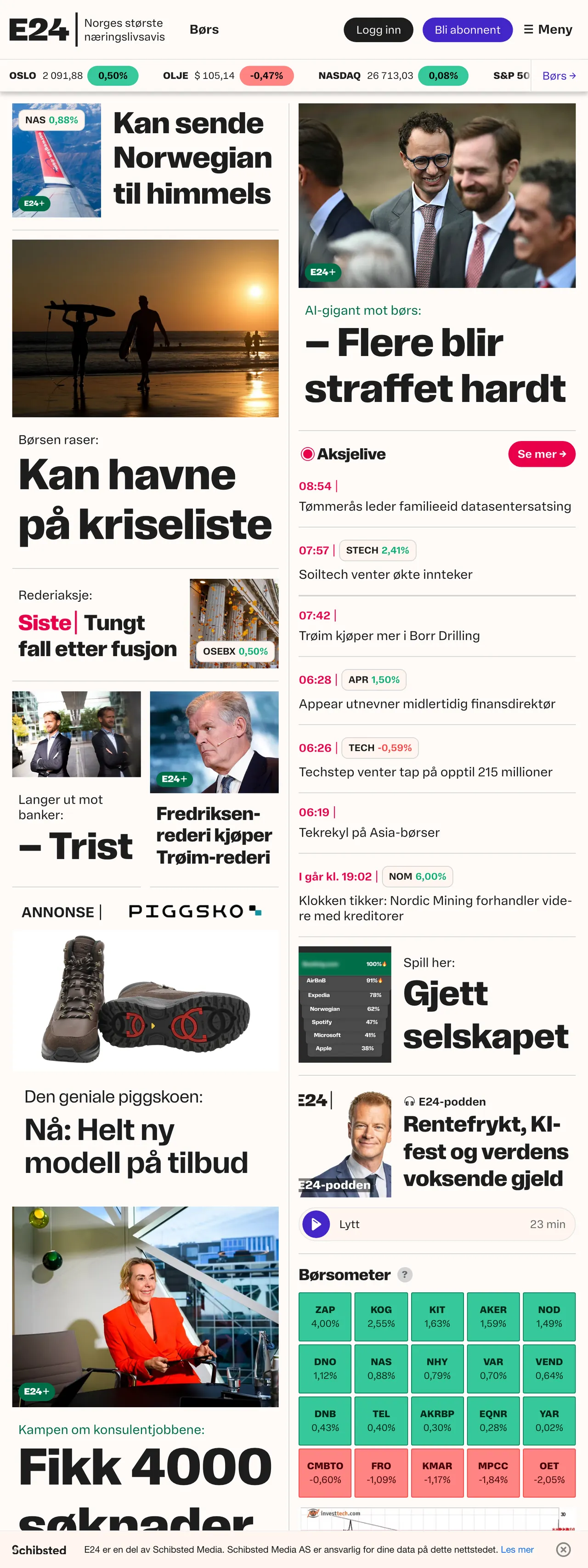 Screenshot of the E24 front page
