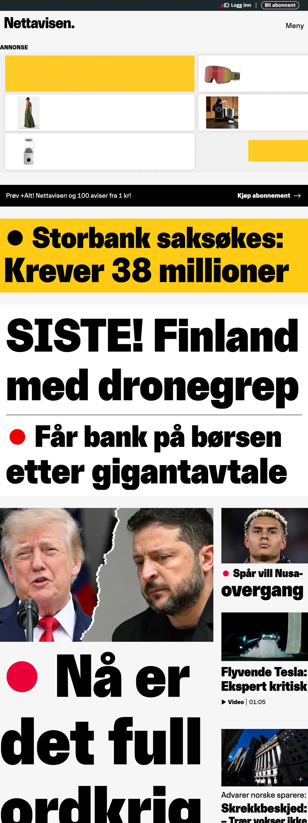 Screenshot of the Nettavisen front page