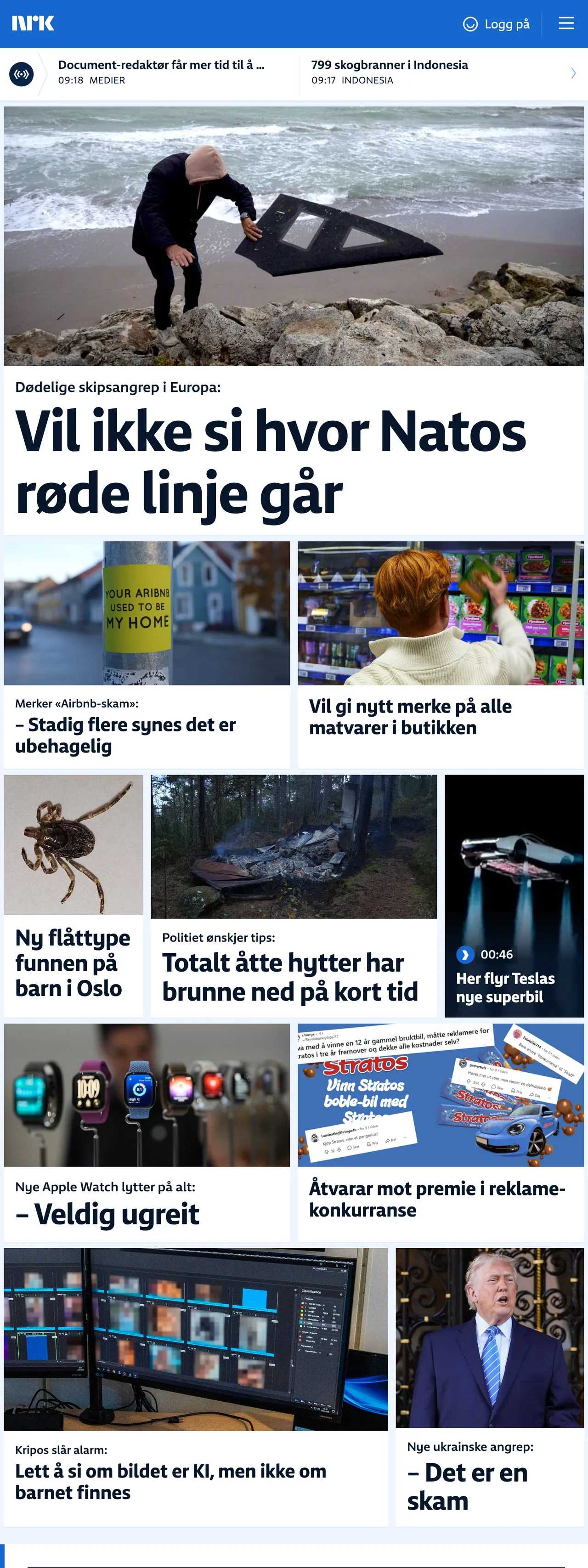 Screenshot of the NRK front page