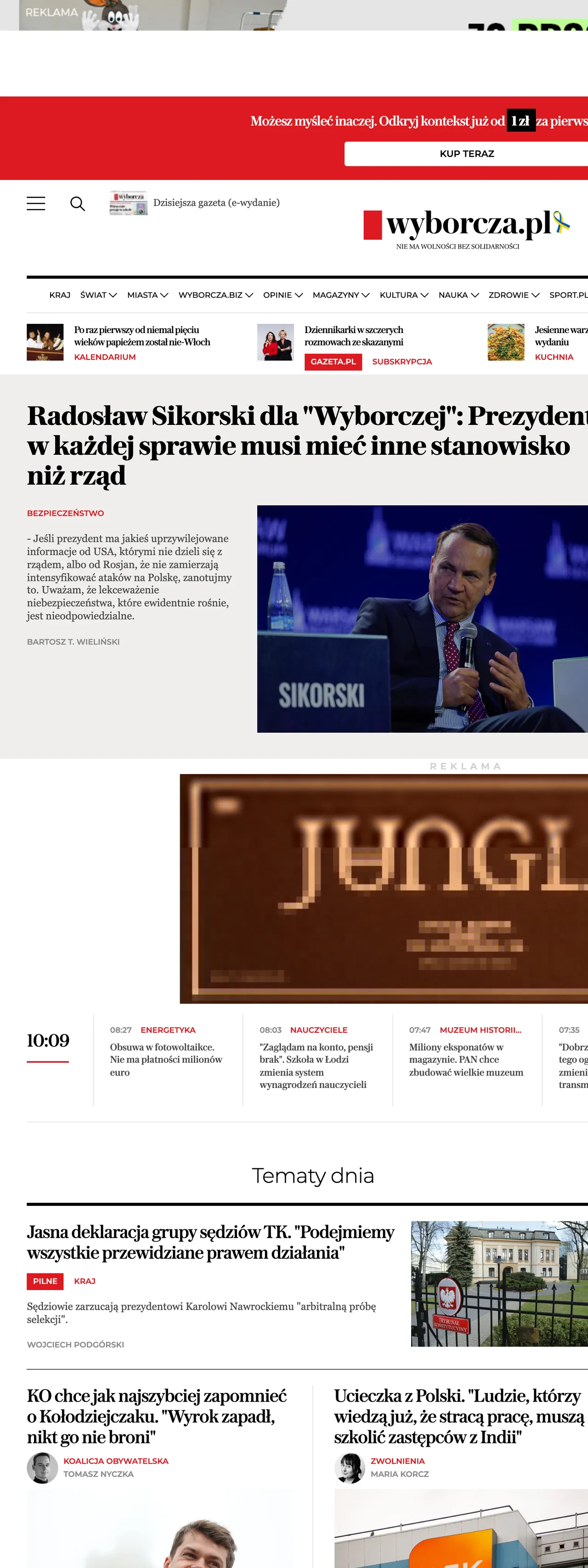 Screenshot of the Wyborcza front page