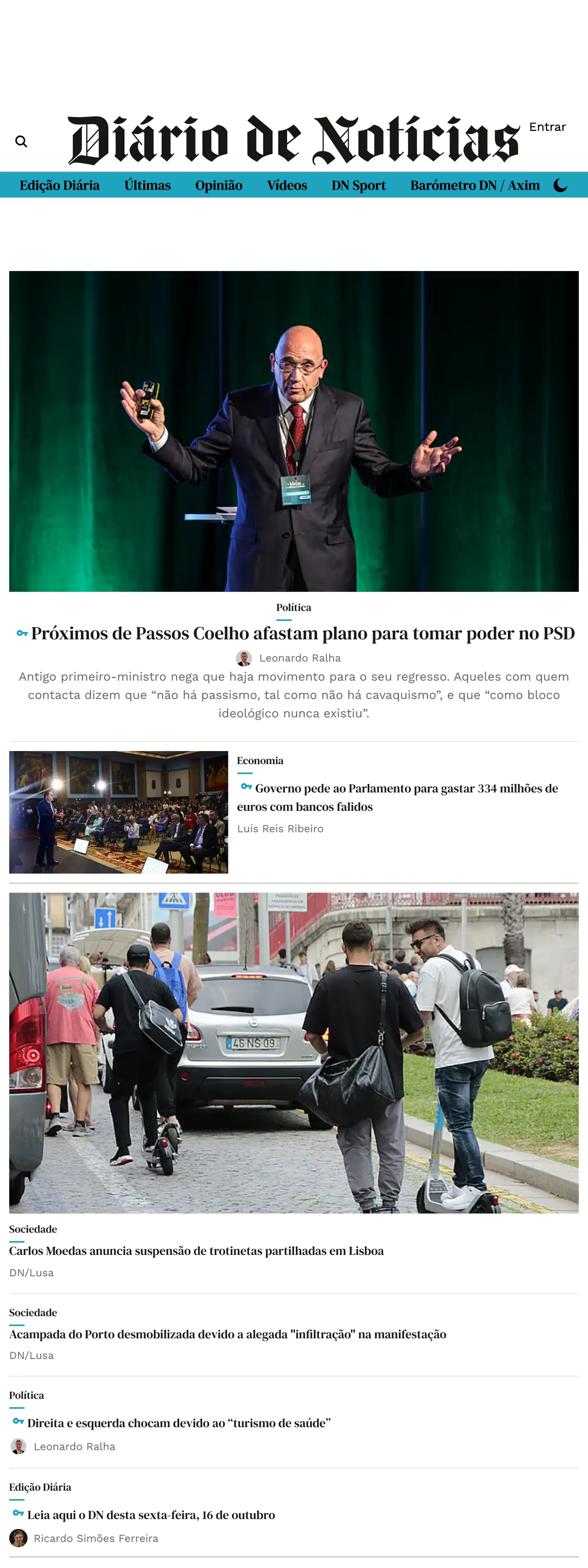 Screenshot of the Diário de Notícias front page