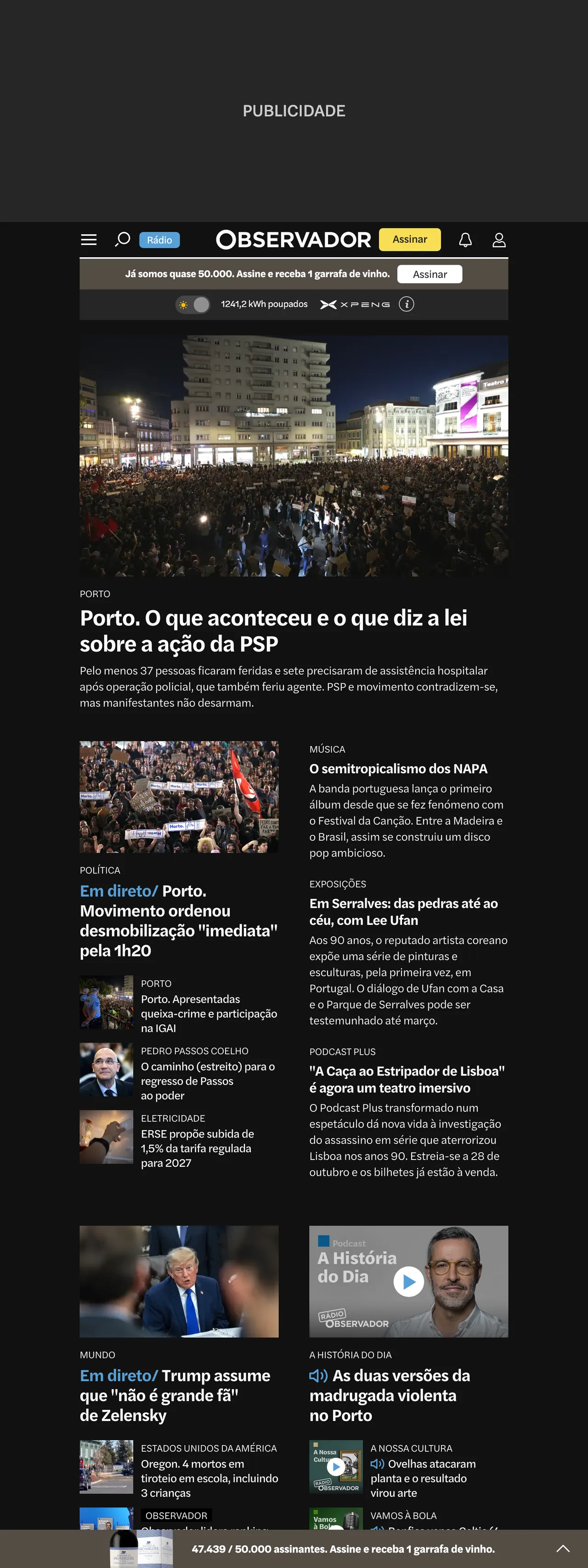 Screenshot of the Observador front page