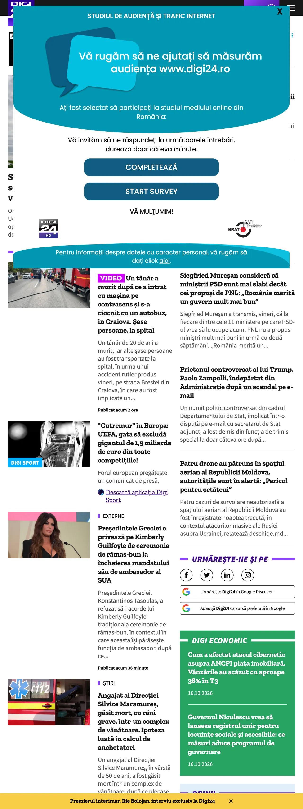 Screenshot of the Digi24 front page