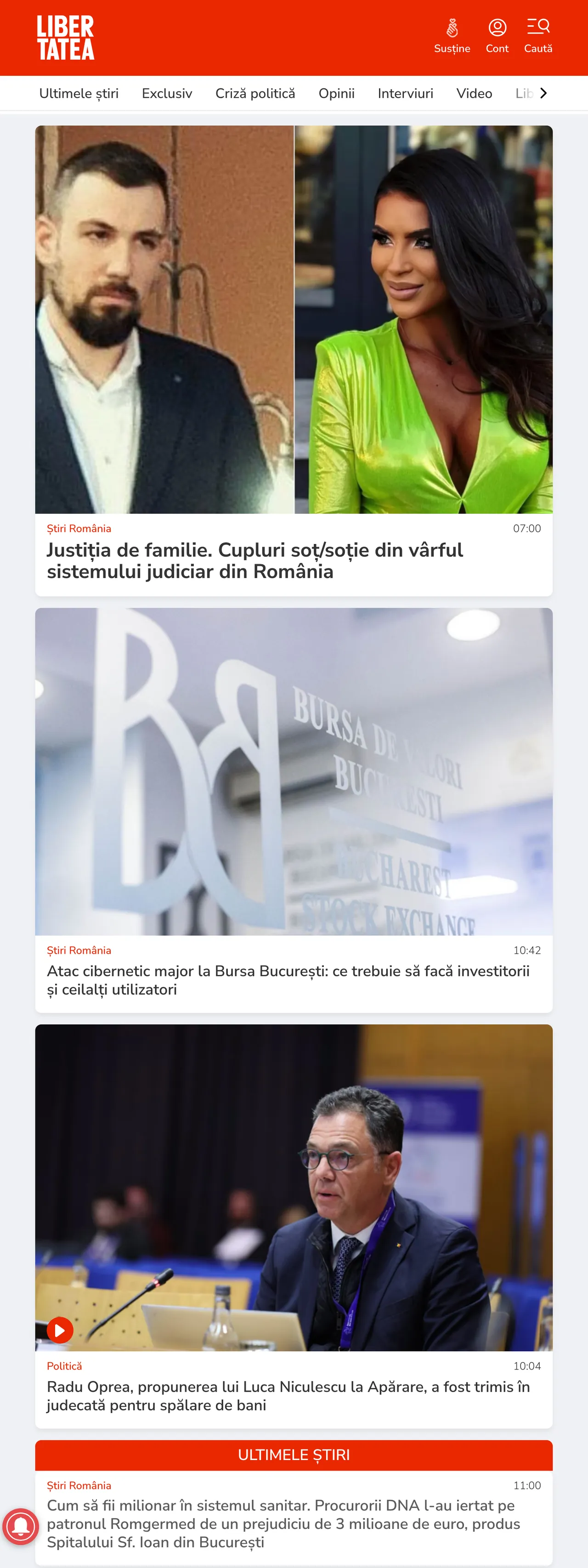 Screenshot of the Libertatea front page
