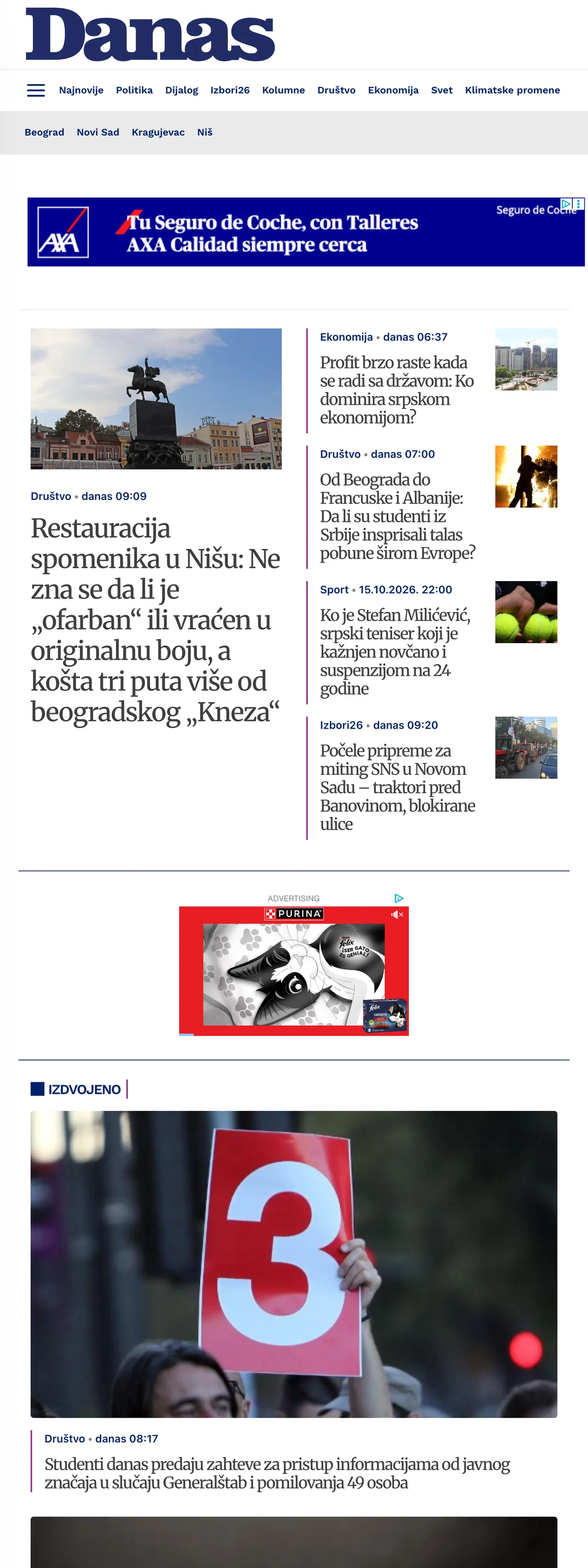Screenshot of the Danas front page