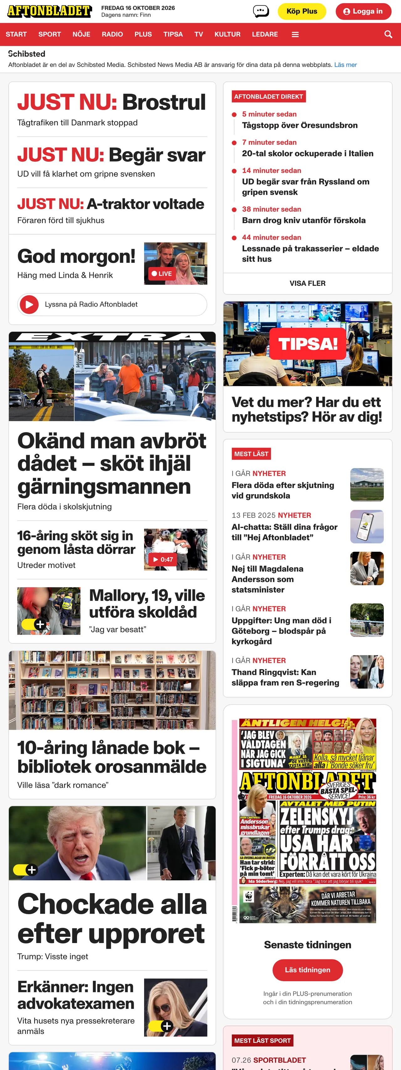 Screenshot of the Aftonbladet front page