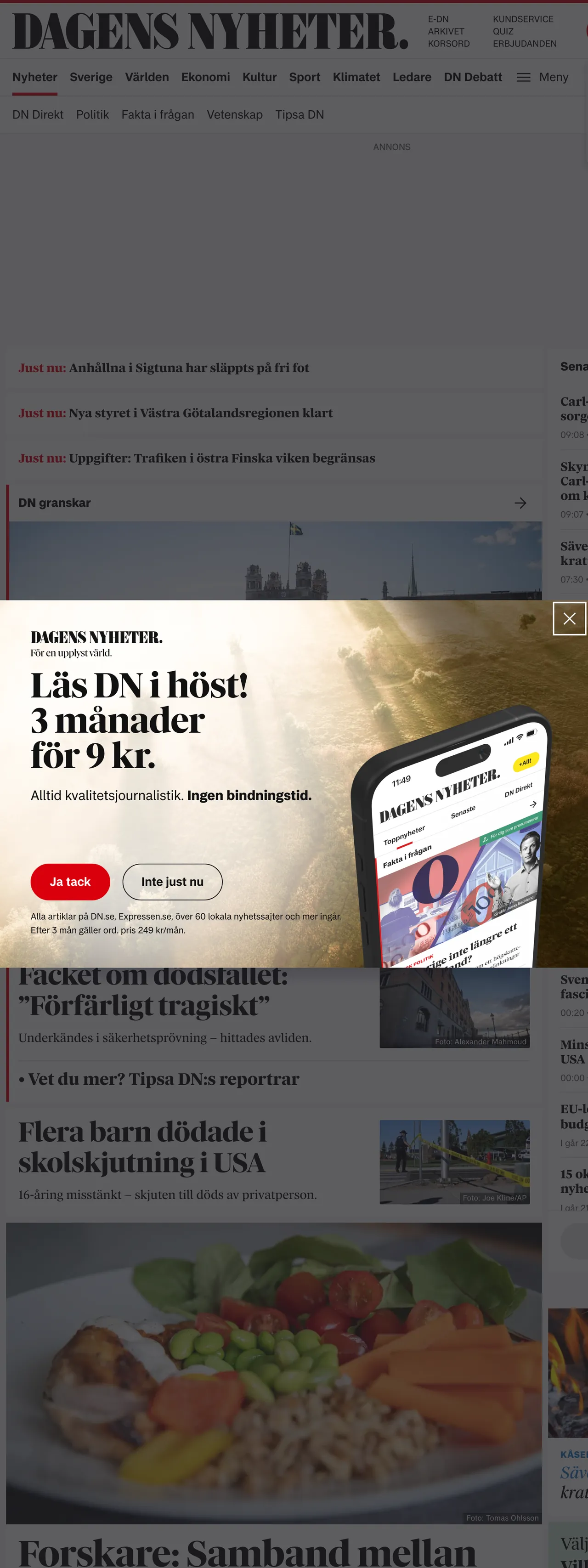 Screenshot of the Dagens Nyheter front page