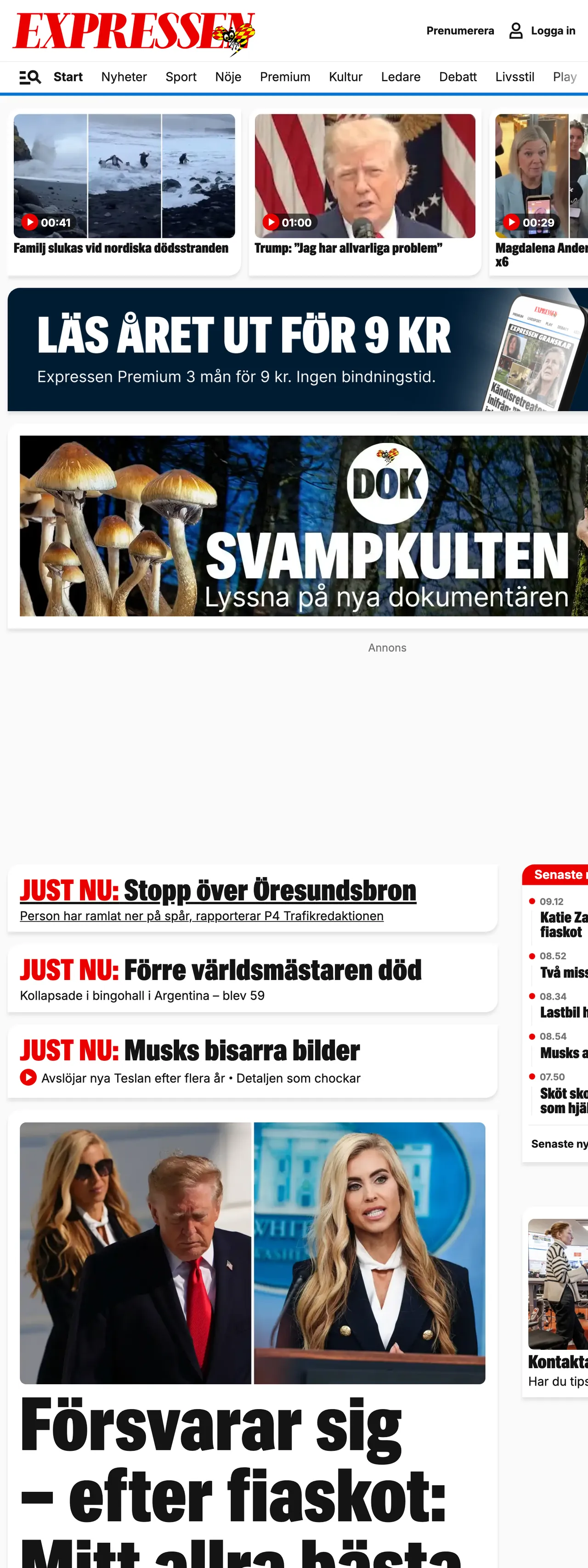Screenshot of the Expressen front page