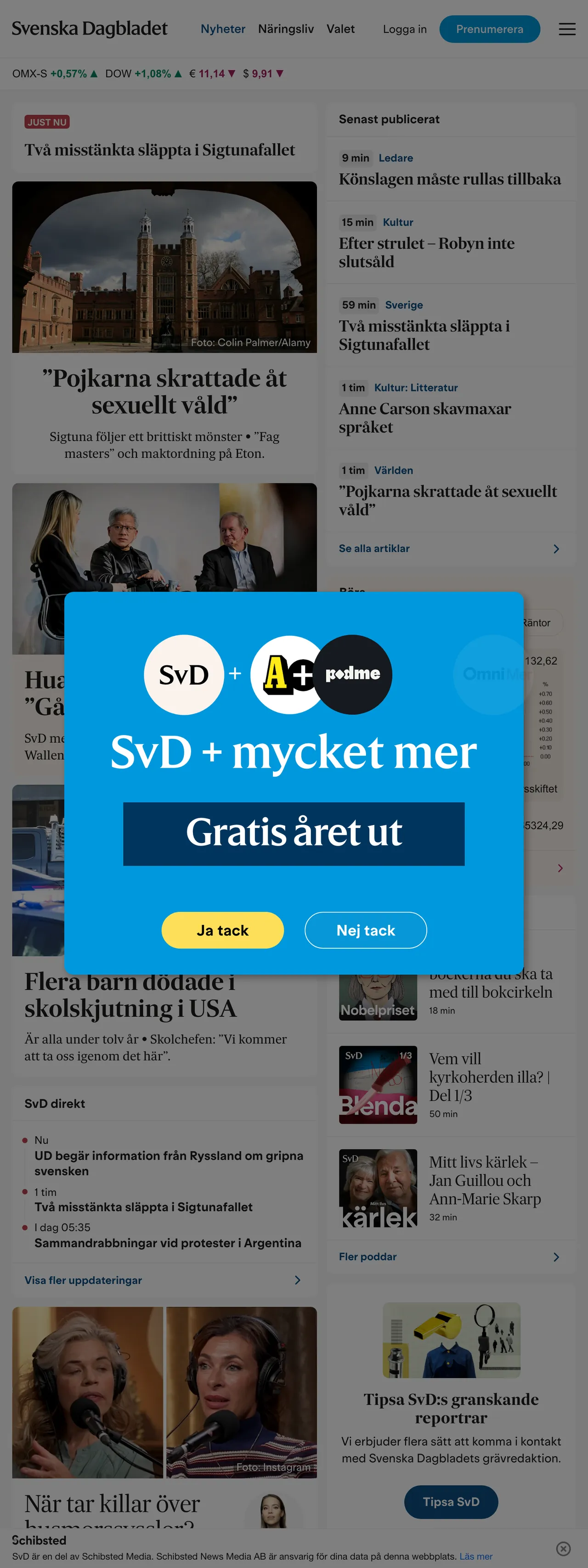 Screenshot of the Svenska Dagbladet front page