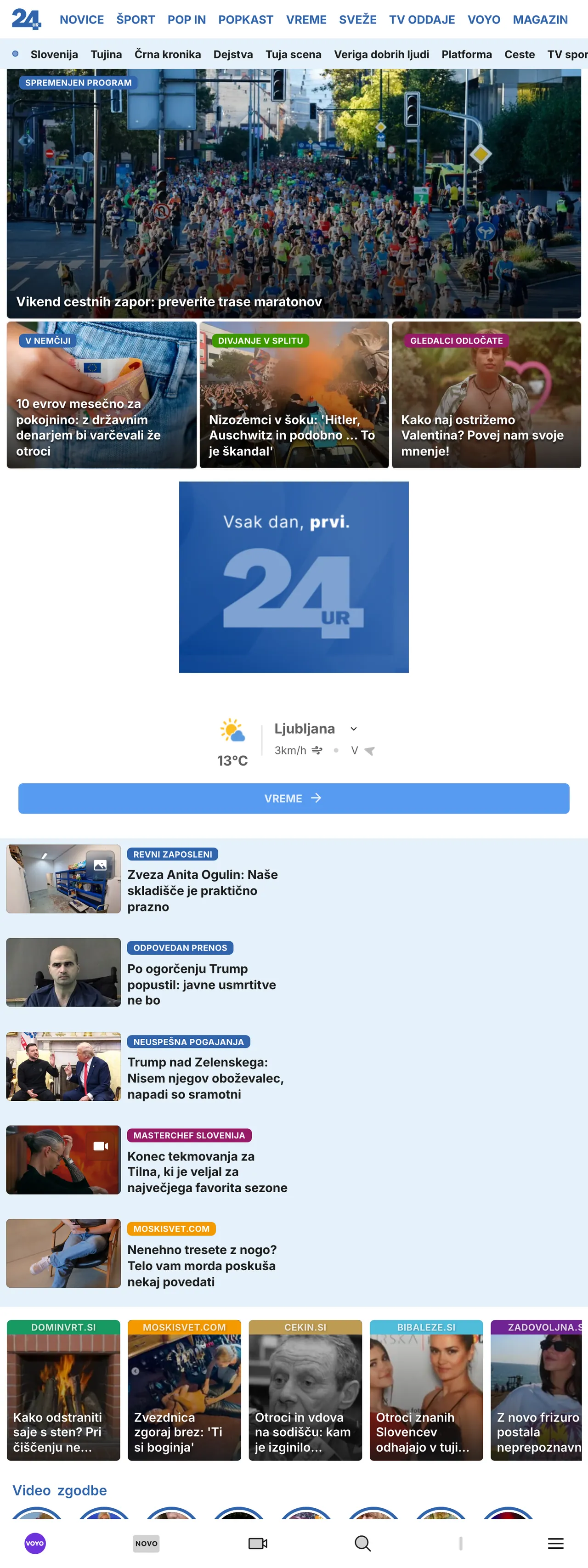 Screenshot of the 24ur front page