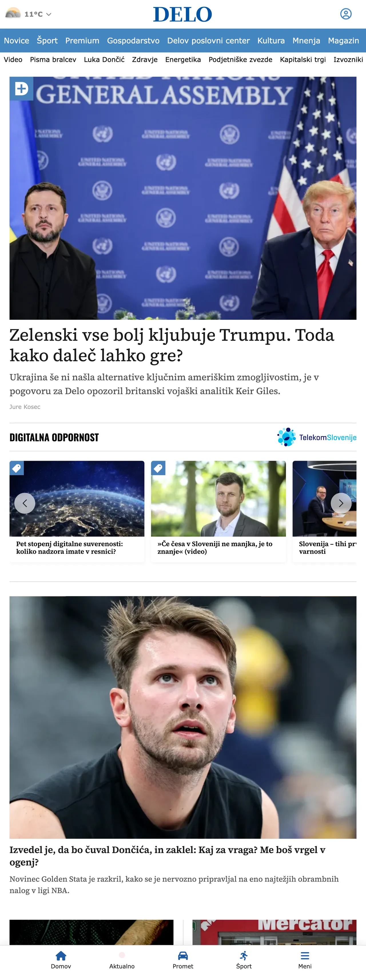 Screenshot of the Delo front page