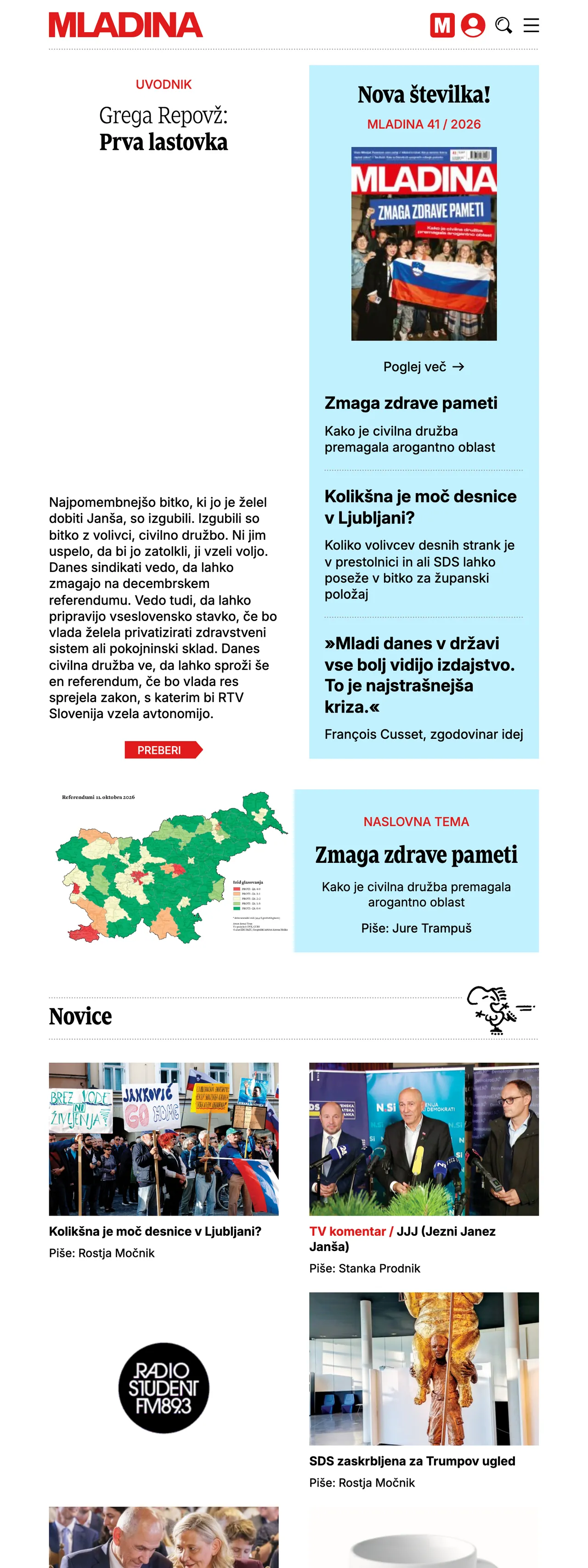 Screenshot of the Mladina front page