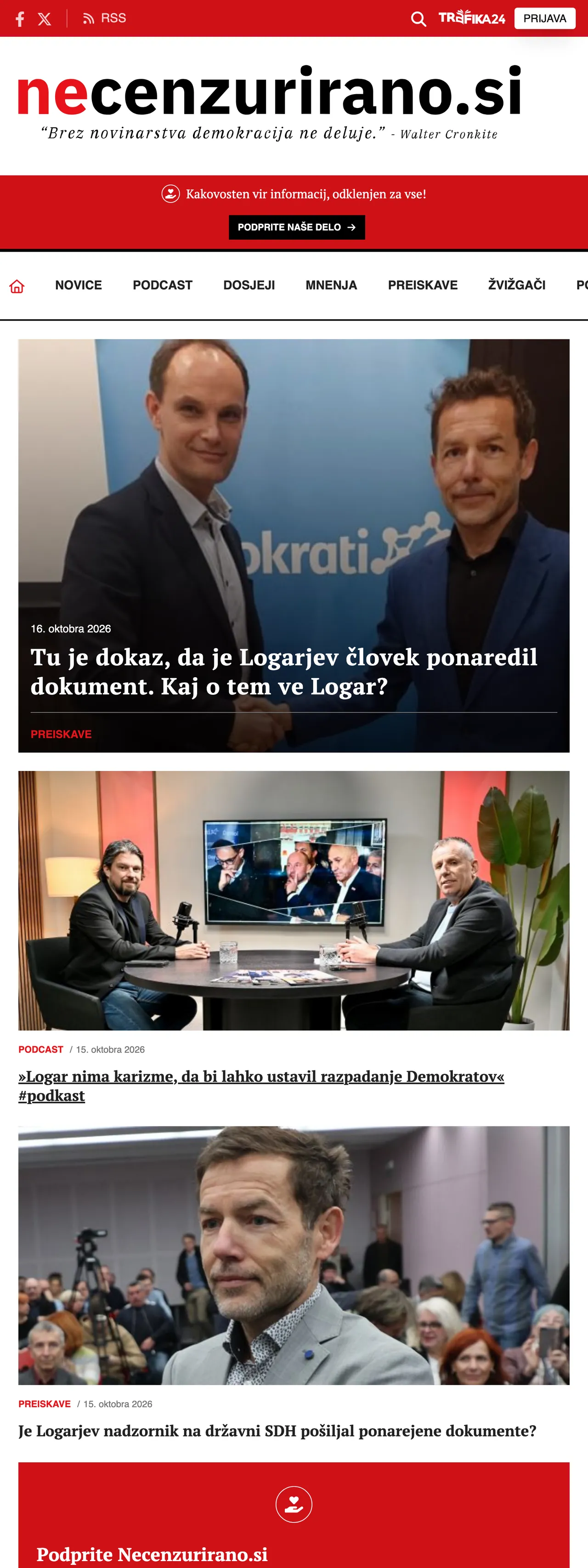 Screenshot of the Necenzurirano front page