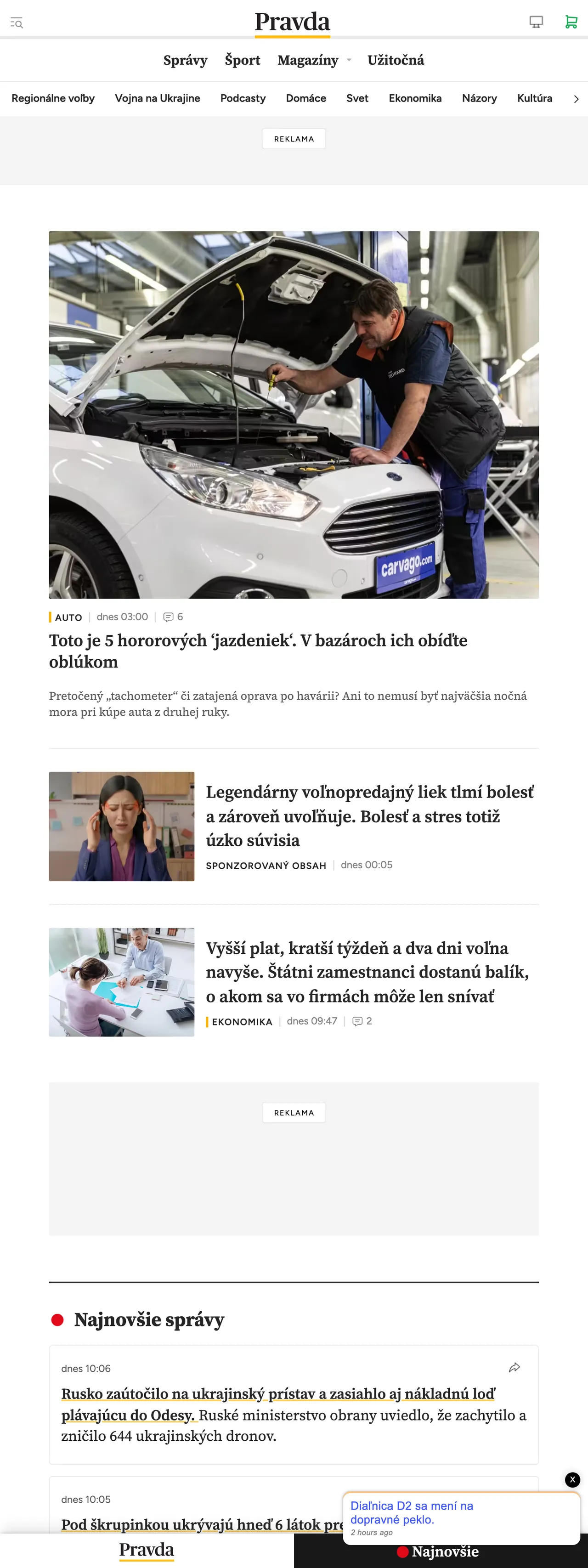 Screenshot of the Pravda front page