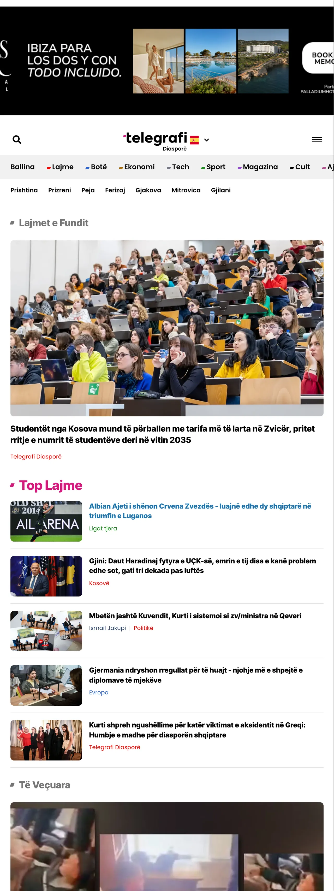 Screenshot of the Telegrafi front page