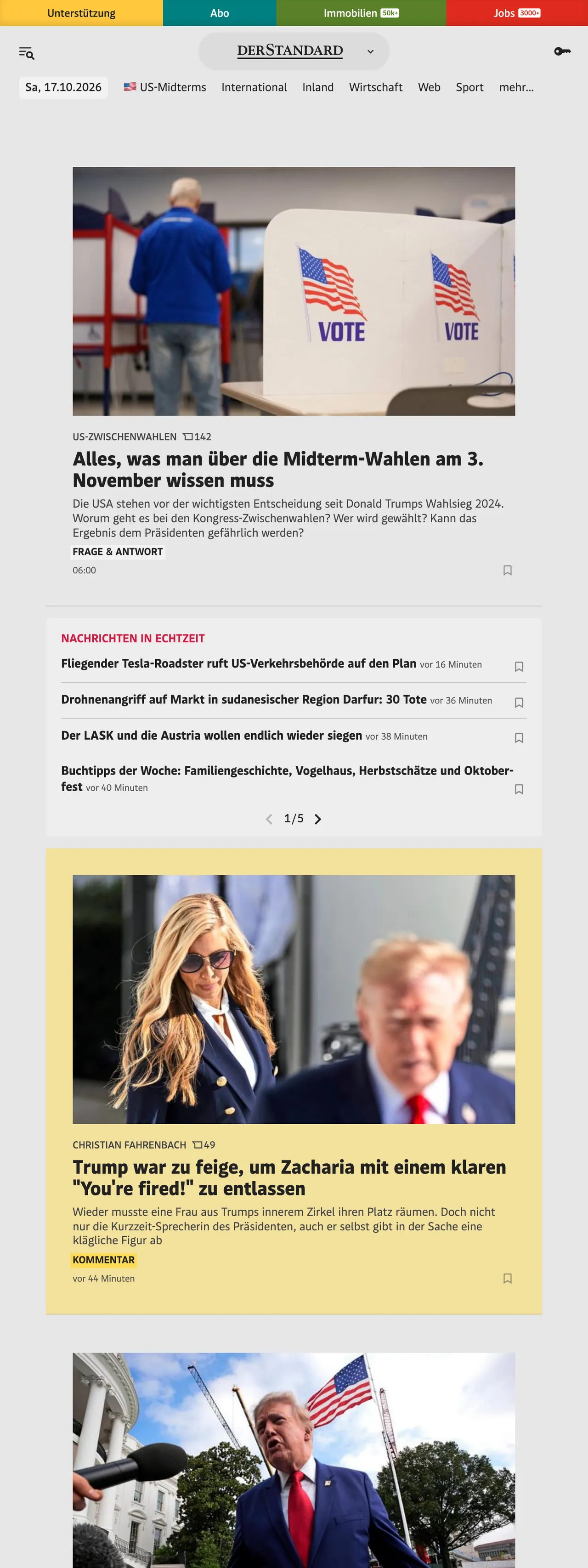 Screenshot of the DER STANDARD front page