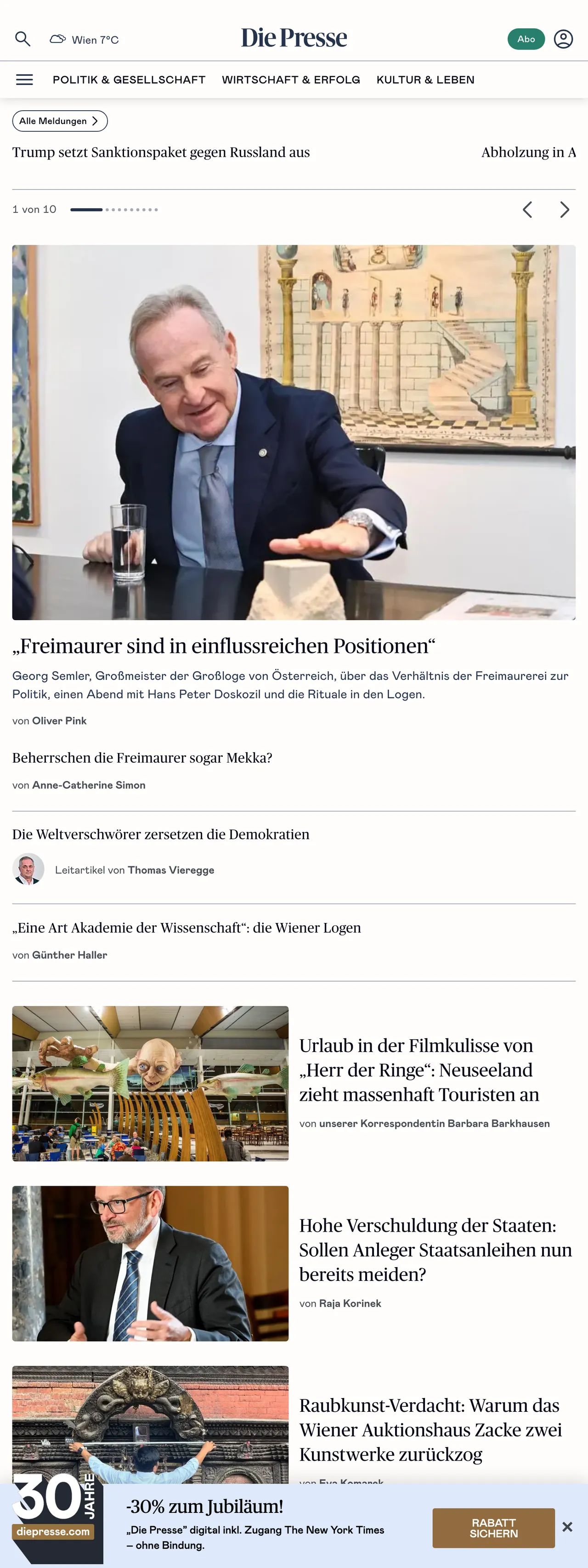 Screenshot of the Die Presse front page