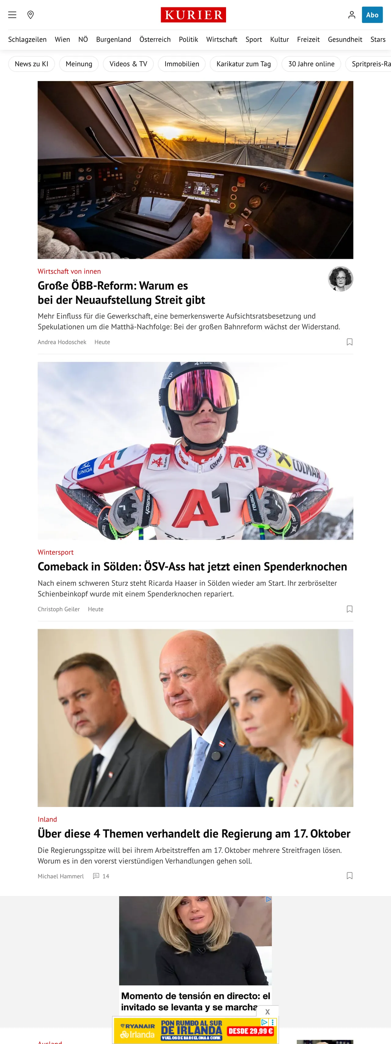 Screenshot of the Kurier front page