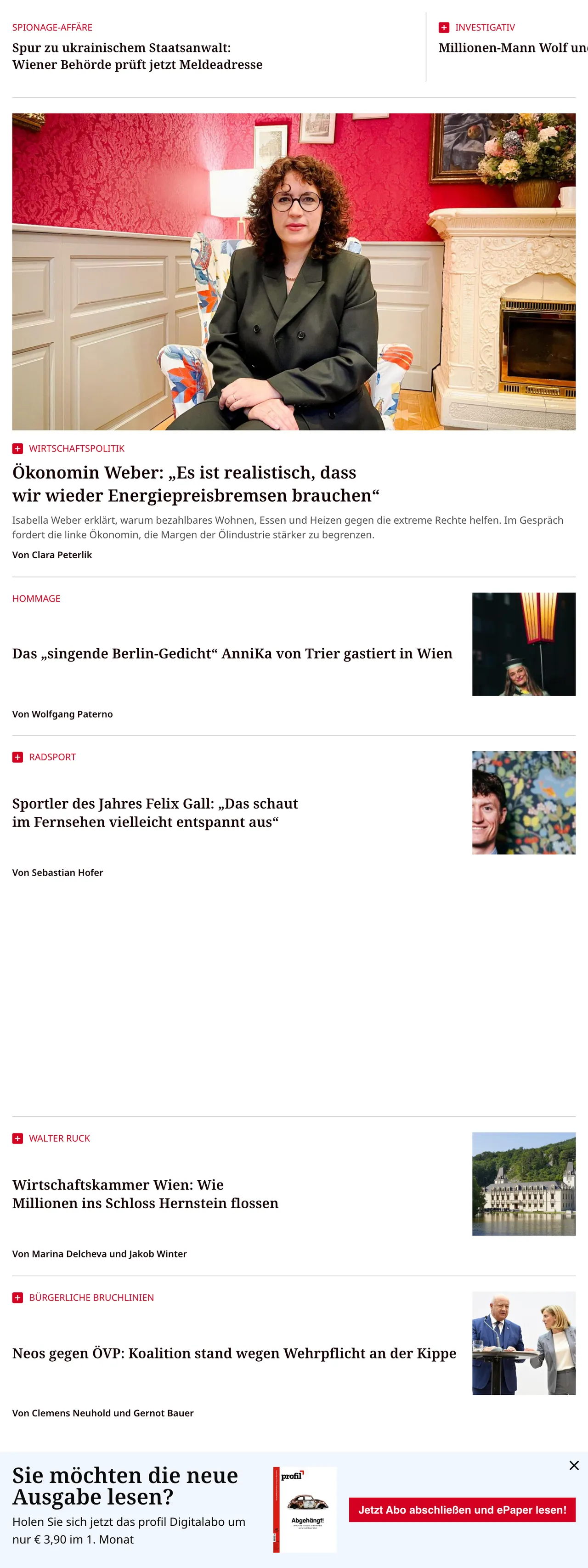Screenshot of the profil front page
