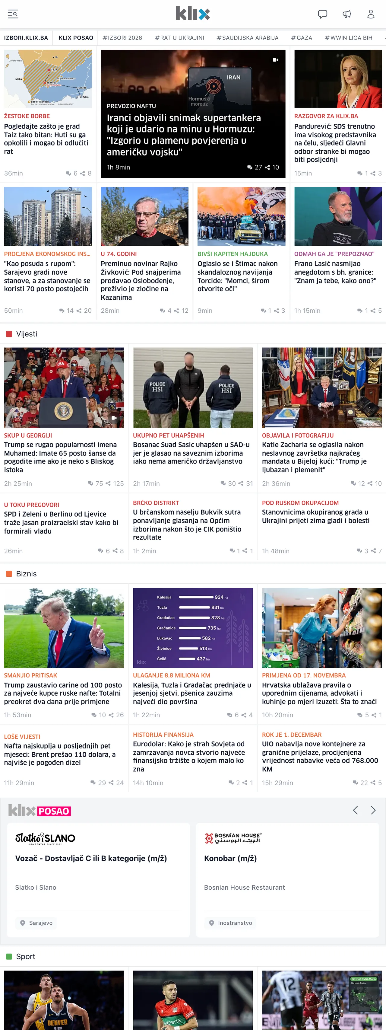 Screenshot of the Klix.ba front page