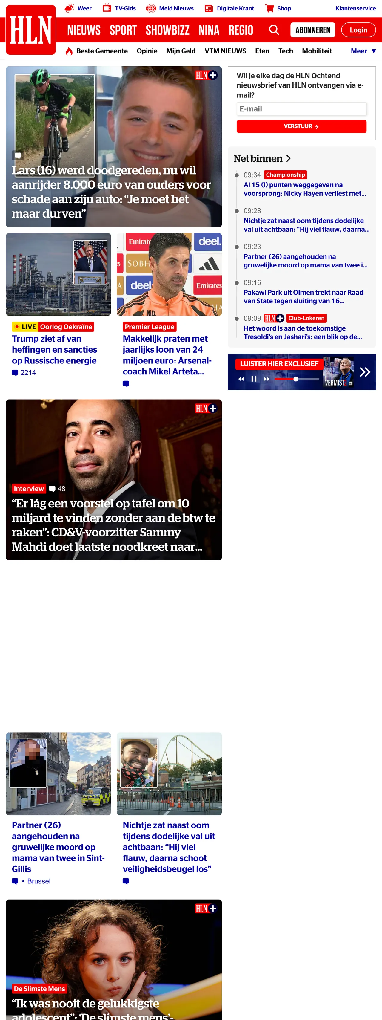 Screenshot of the HLN front page