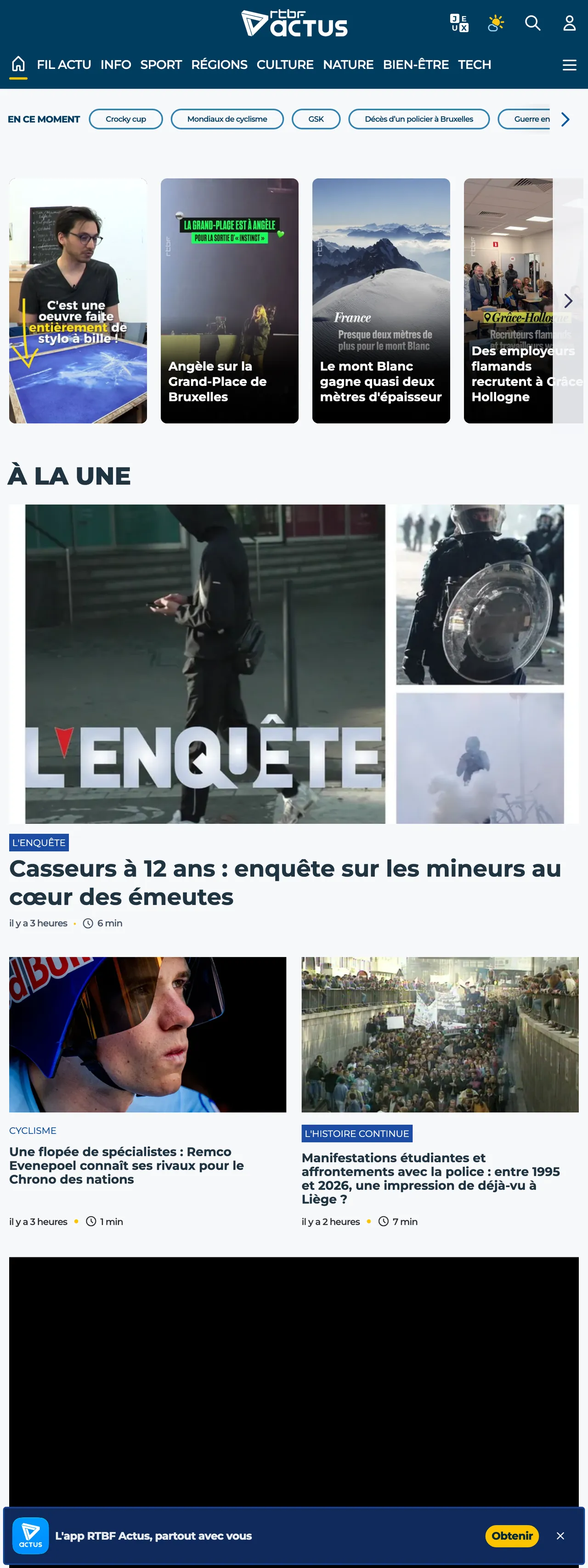 Screenshot of the RTBF front page
