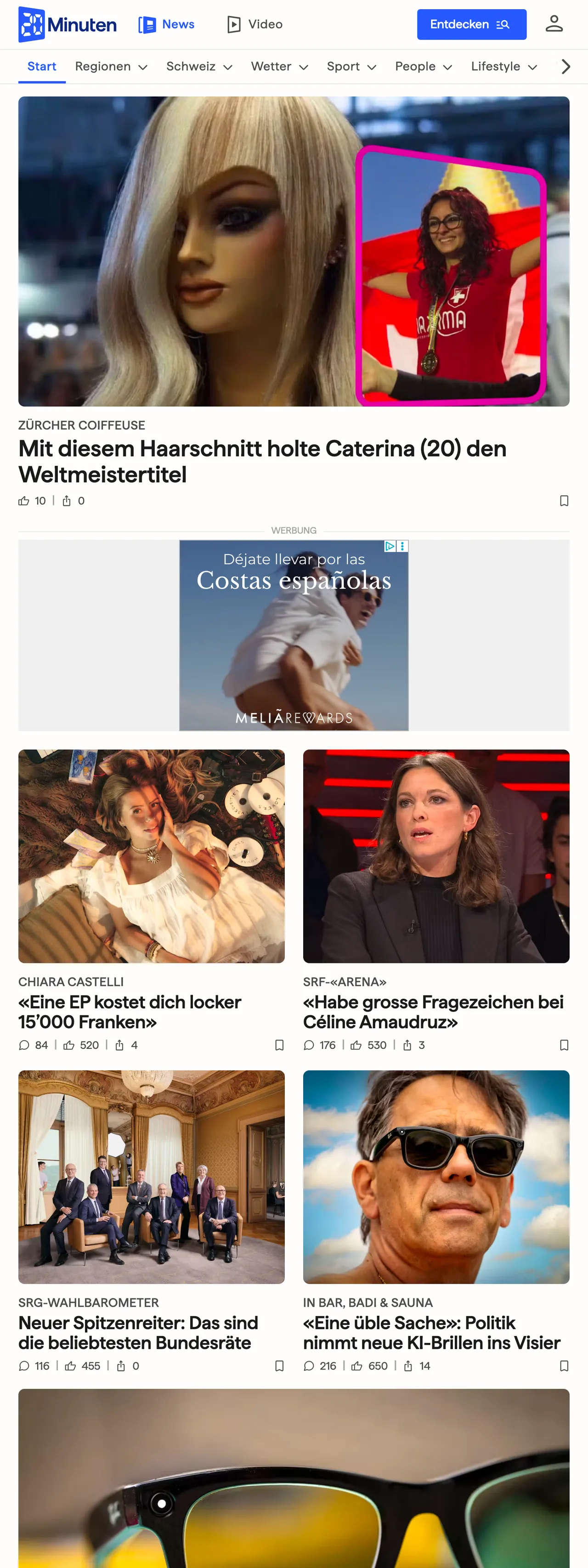 Screenshot of the 20 Minuten front page