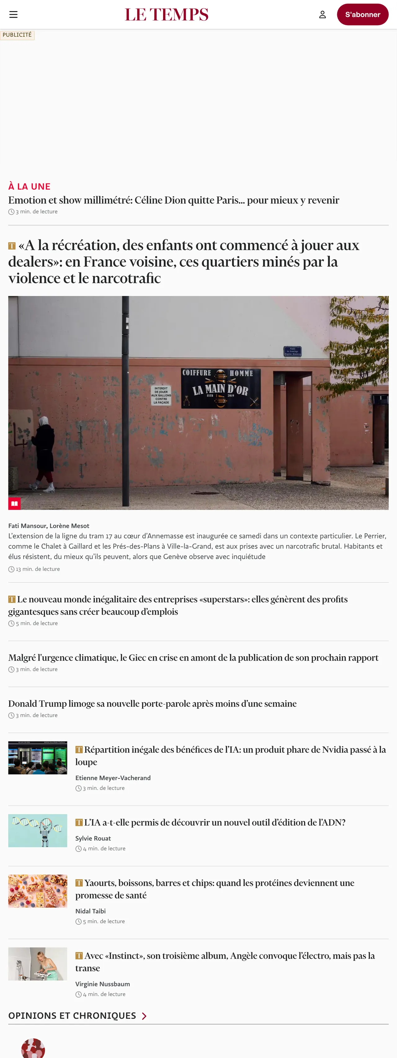 Screenshot of the Le Temps front page