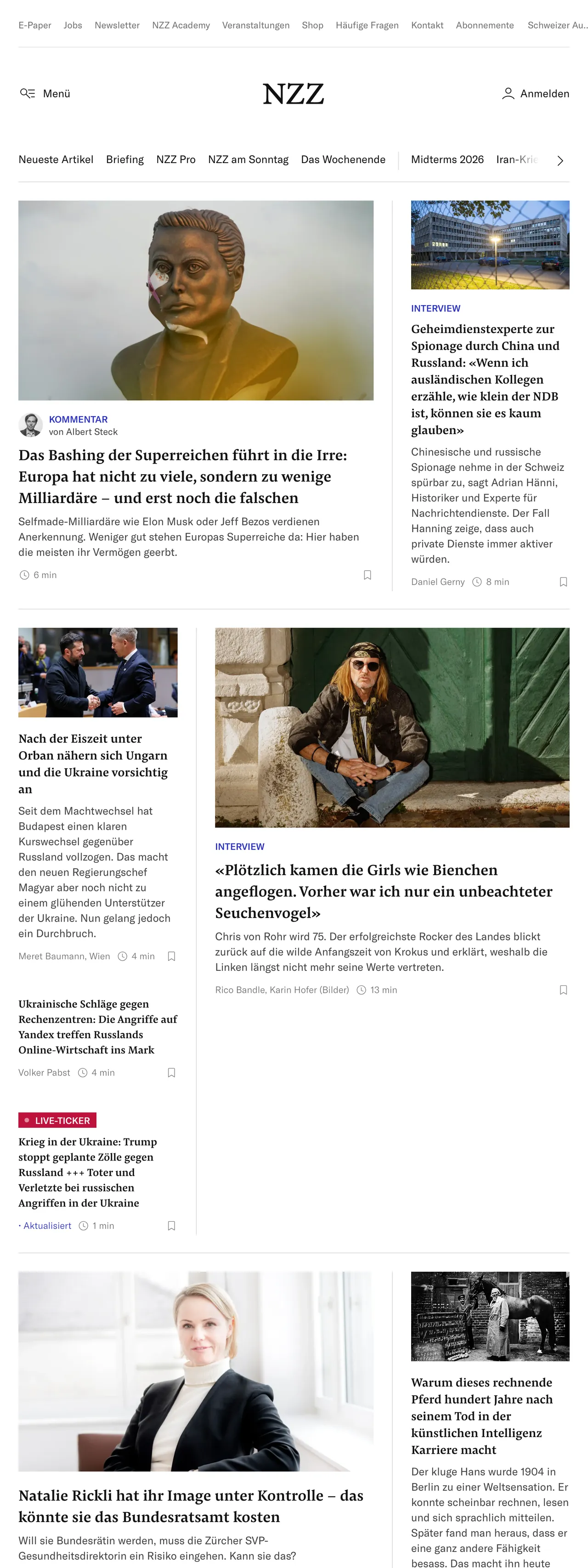 Screenshot of the Neue Zürcher Zeitung front page