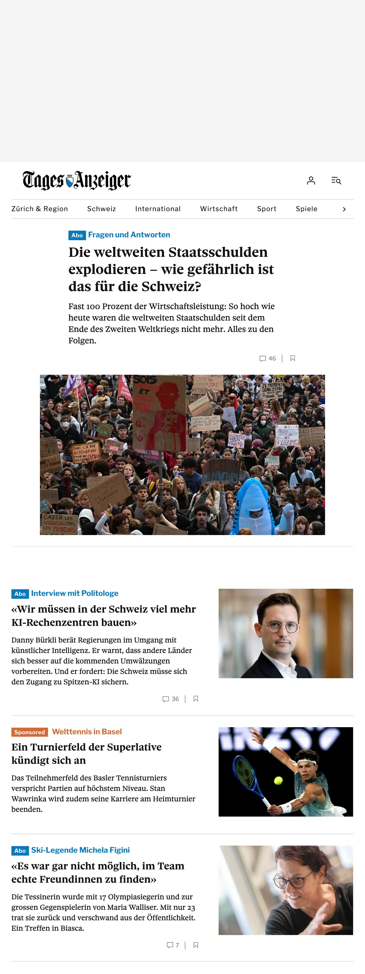 Screenshot of the Tages-Anzeiger front page