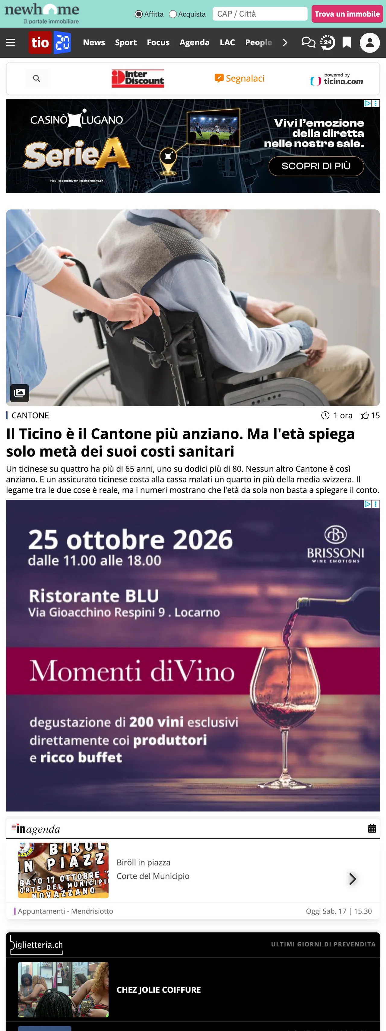 Screenshot of the Ticinonline front page