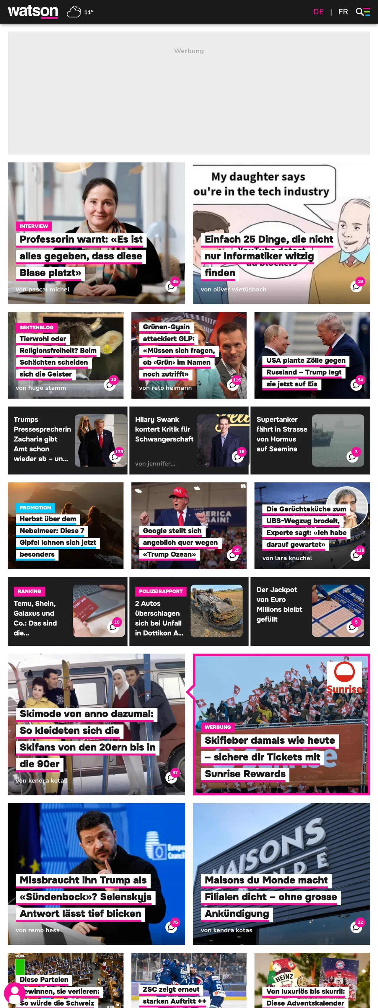 Screenshot of the watson front page
