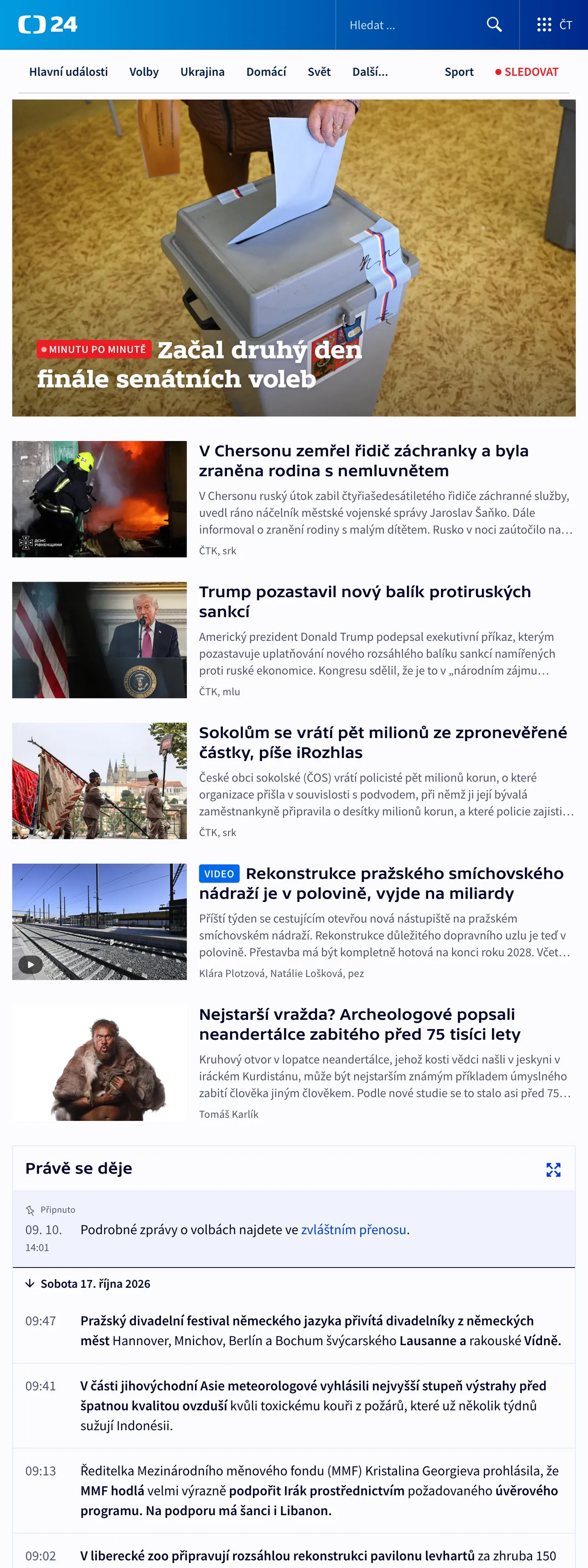 Screenshot of the ČT24 front page
