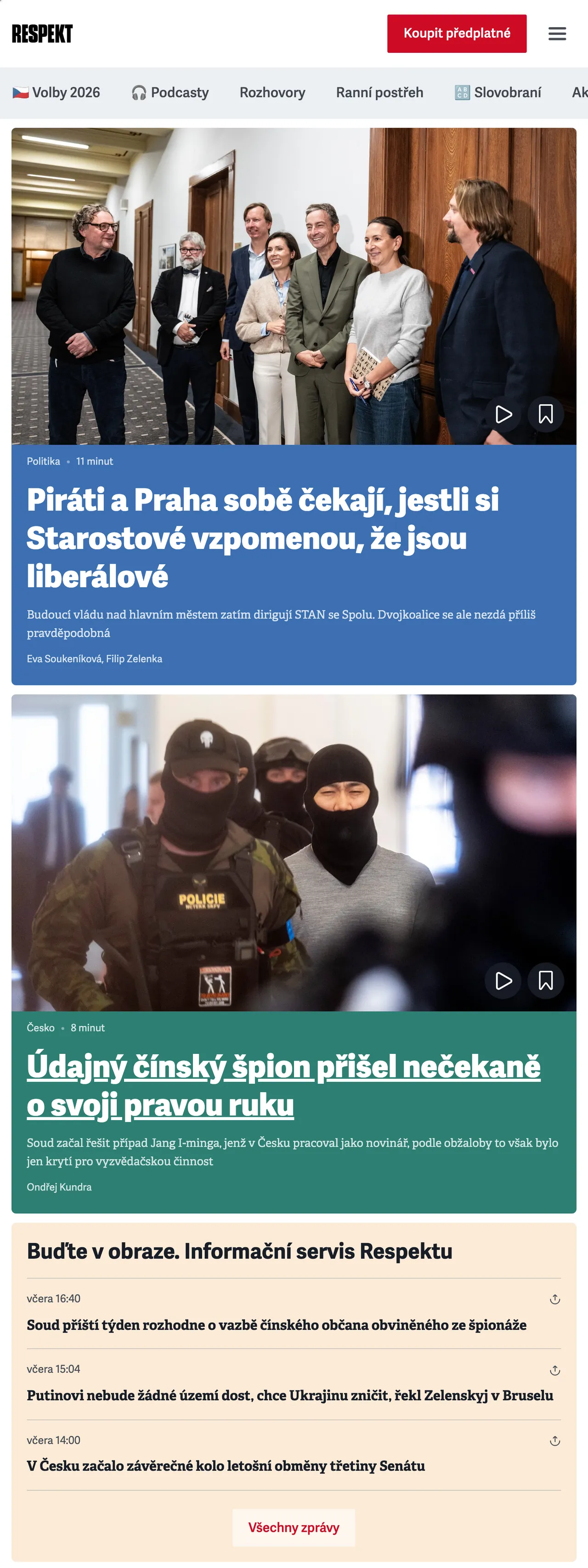 Screenshot of the Respekt front page