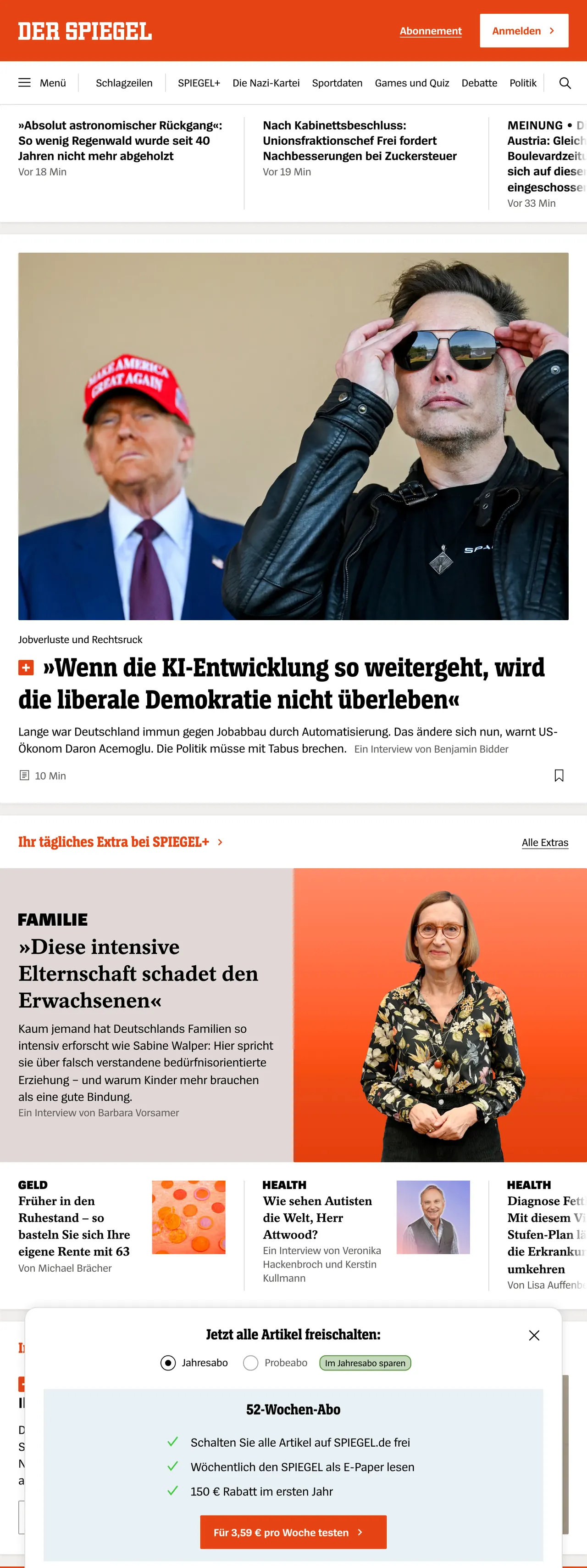 Screenshot of the DER SPIEGEL front page