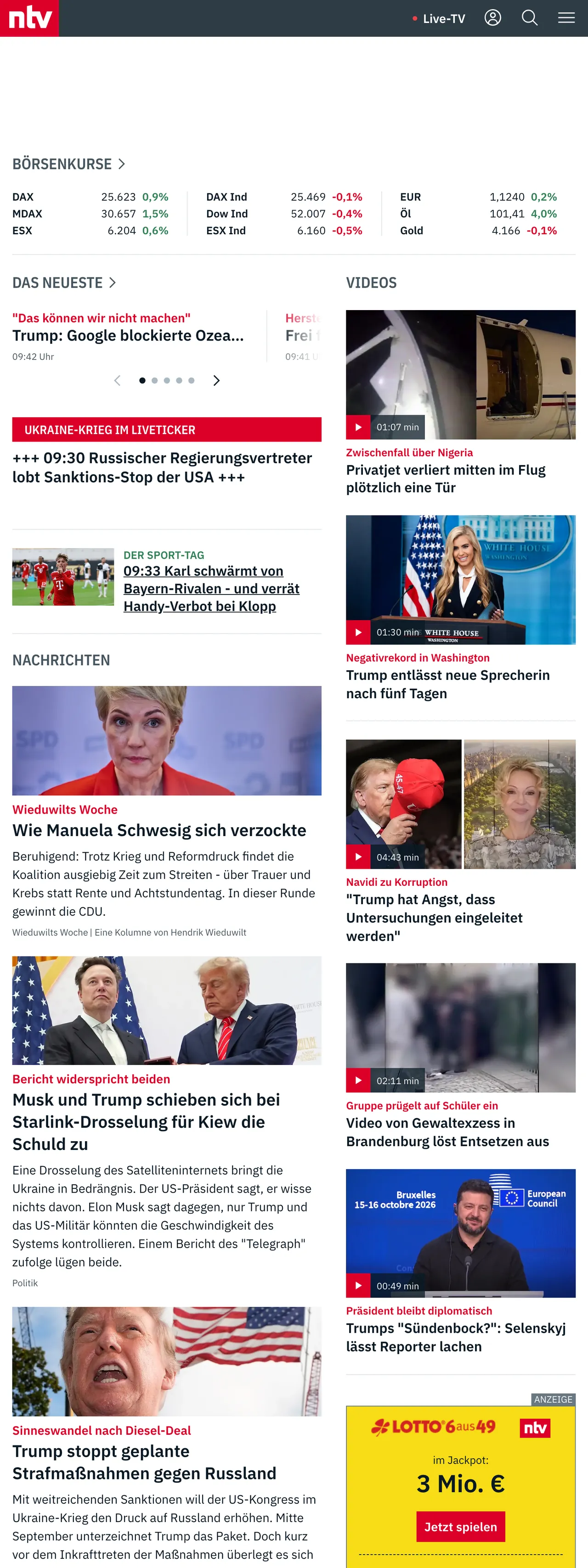 Screenshot of the n-tv front page
