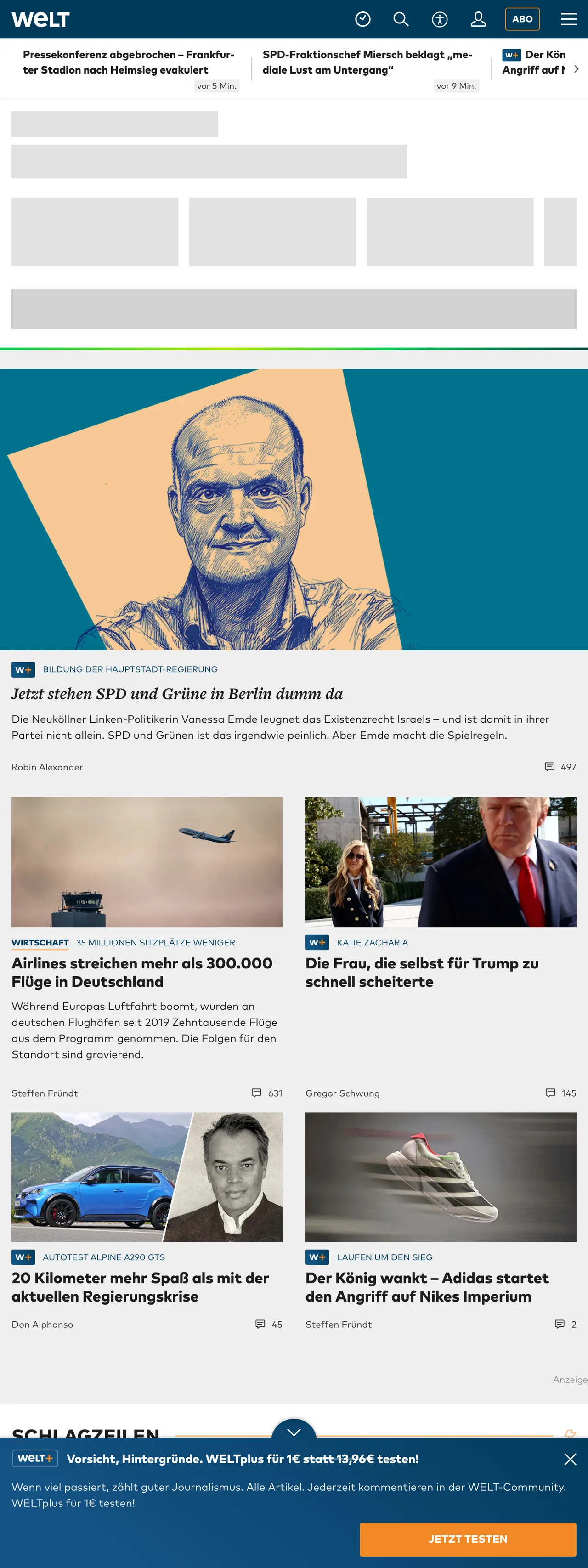 Screenshot of the WELT front page