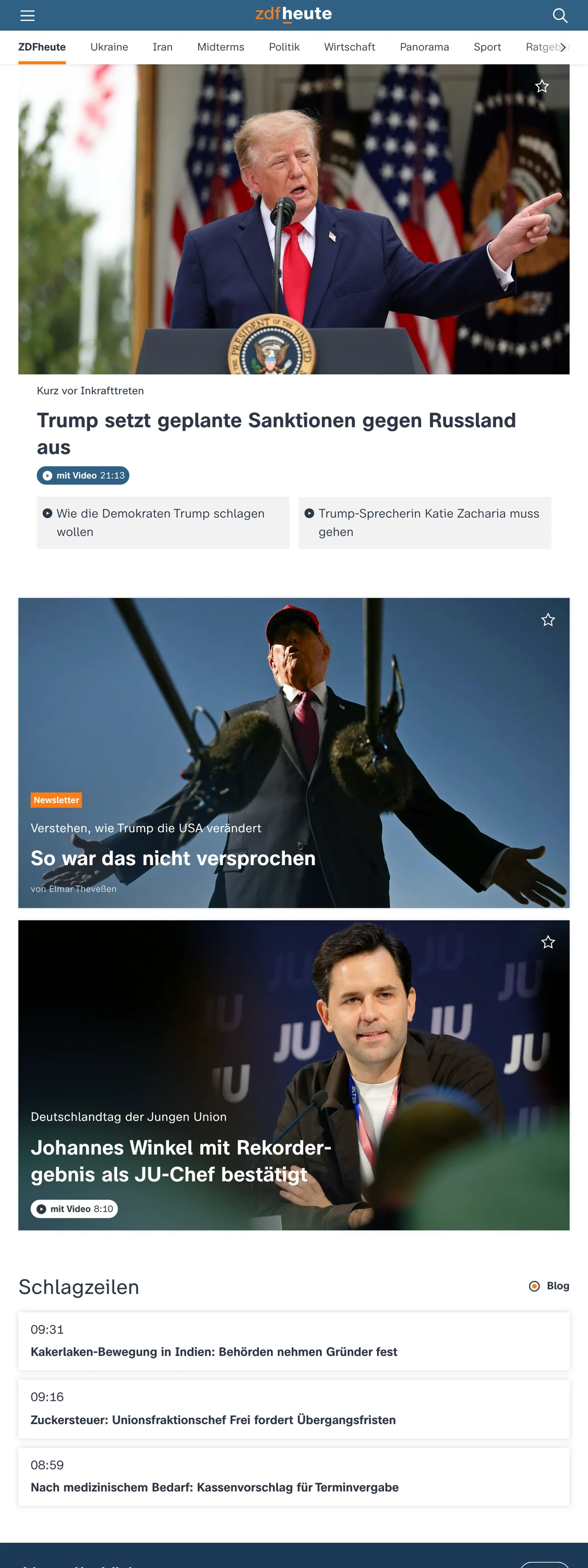 Screenshot of the ZDFheute front page