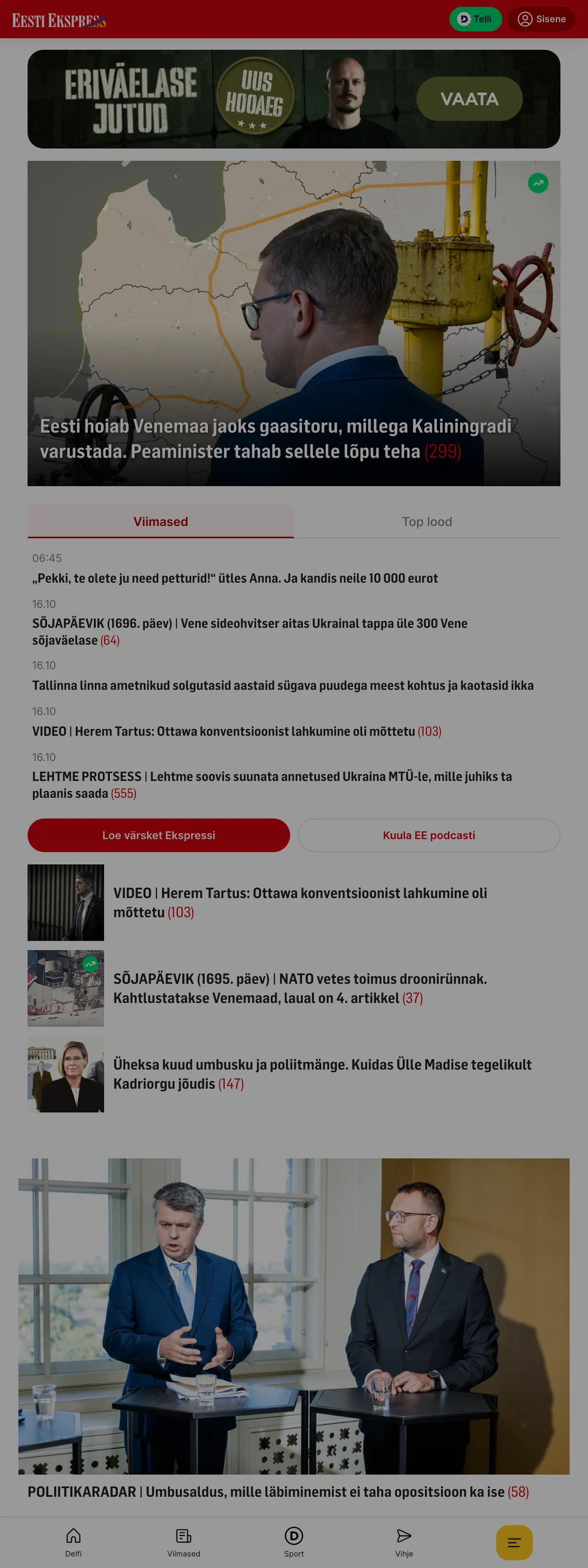 Screenshot of the Eesti Ekspress front page