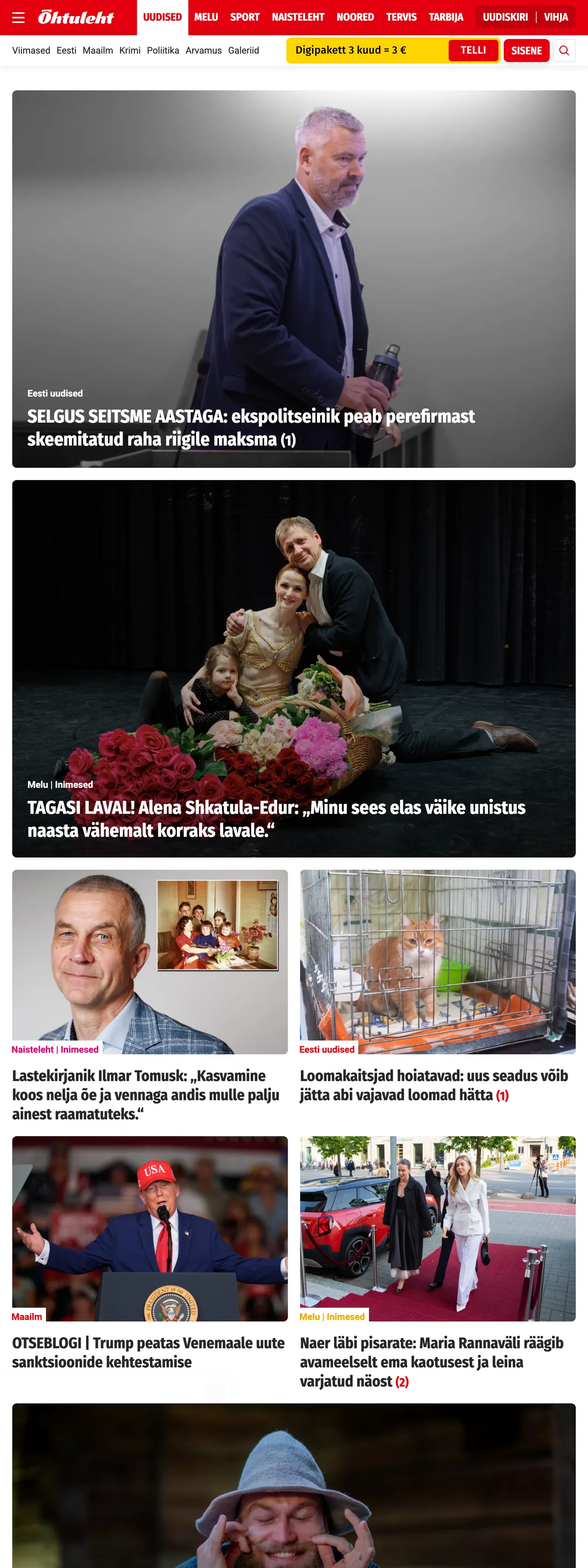 Screenshot of the Õhtuleht front page