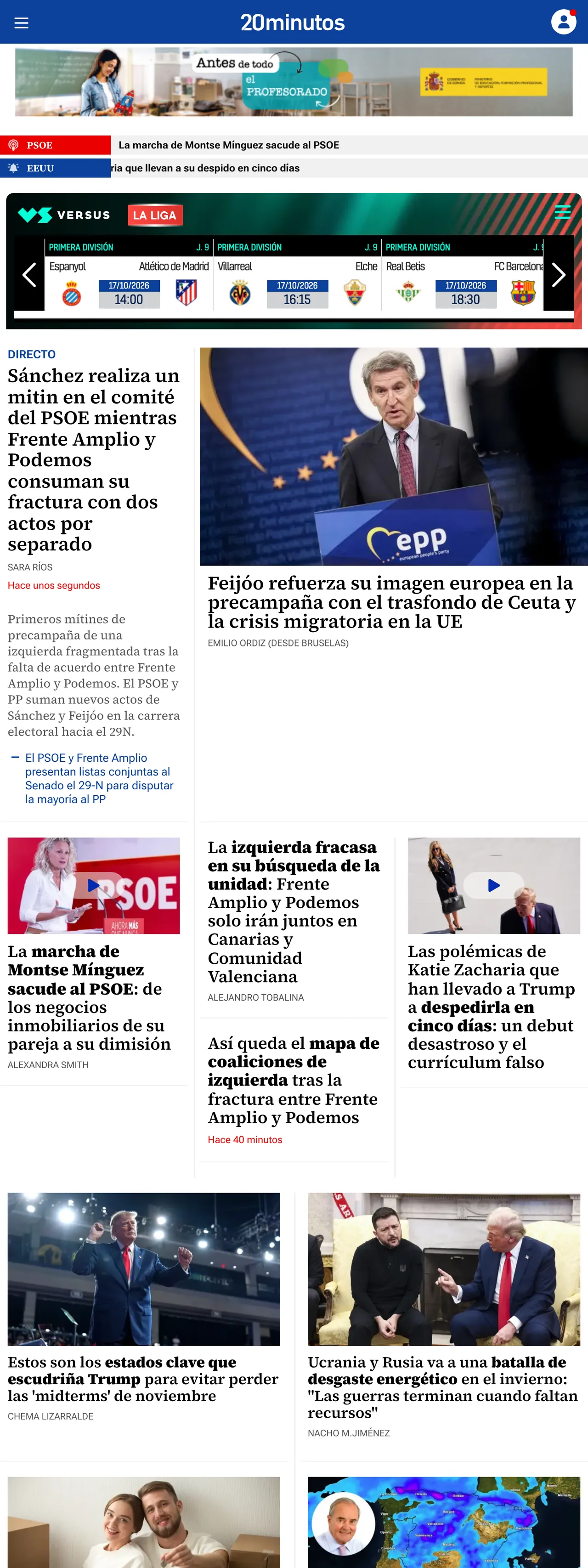 Screenshot of the 20minutos front page
