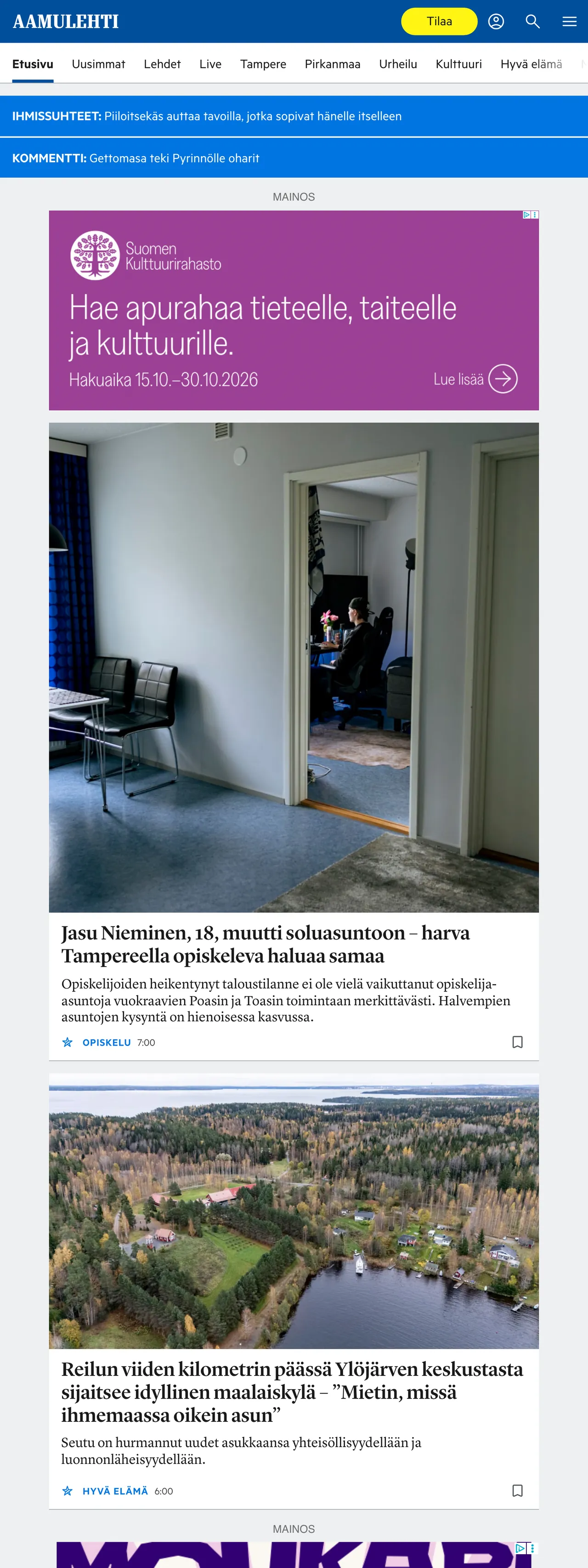 Screenshot of the Aamulehti front page