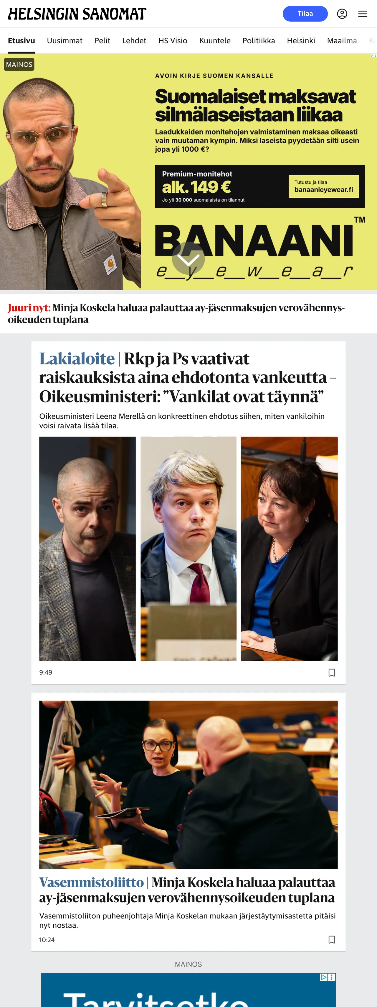 Screenshot of the Helsingin Sanomat front page