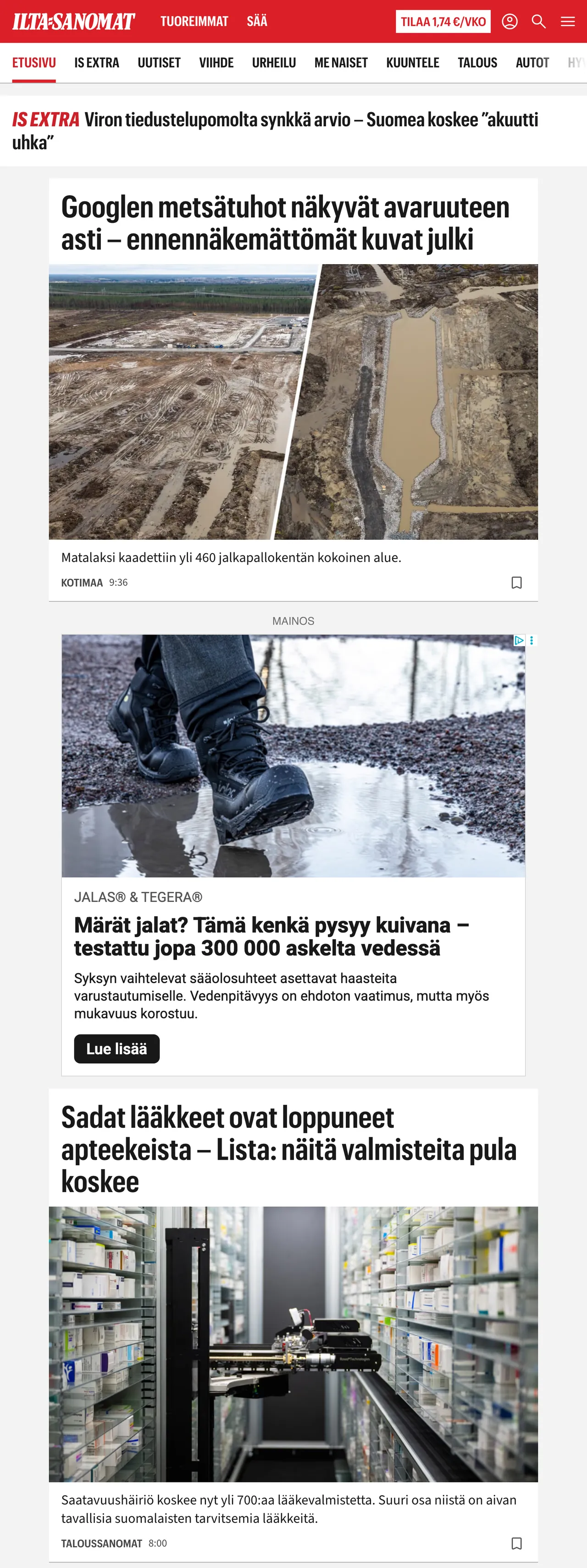 Screenshot of the Ilta-Sanomat front page