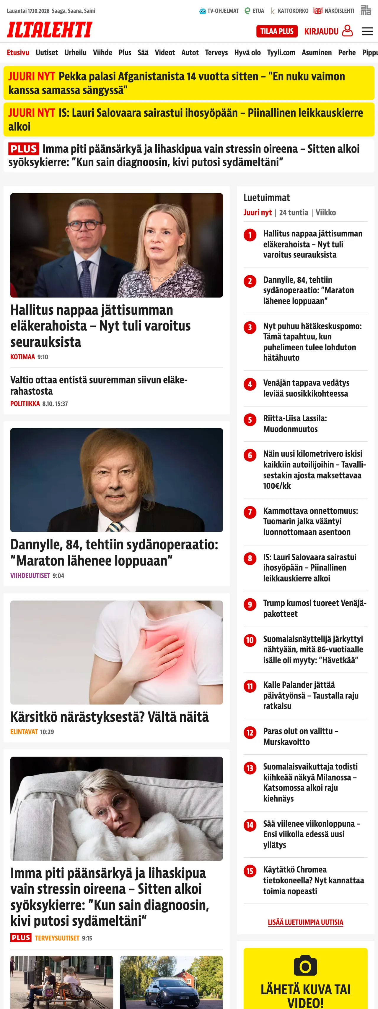 Screenshot of the Iltalehti front page